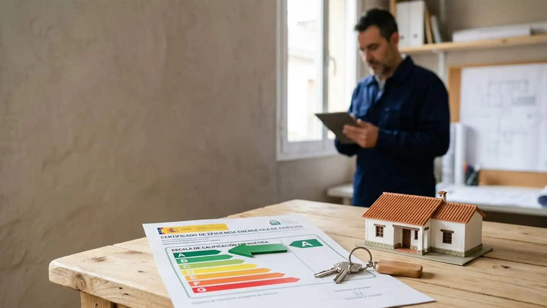 El certificado energético cambia: qué se modifica, qué sigue igual y qué llega en septiembre Certificado de eficiencia energética de una vivienda con calificación A, maqueta de casa y llaves sobre una mesa