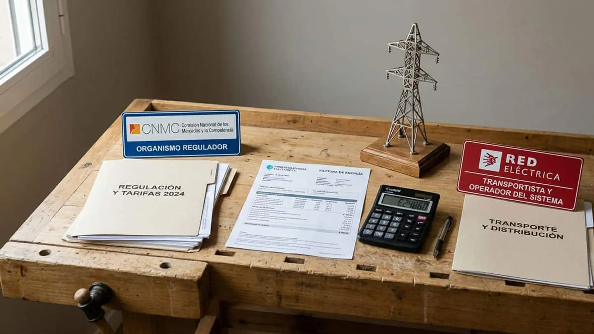 Un año y medio después del apagón, la CNMC pide a REE que revise quién paga la estabilidad de la red Carteles de la CNMC y Red Eléctrica sobre una mesa con una factura de luz, una calculadora, documentos y una torre eléctrica en miniatura.