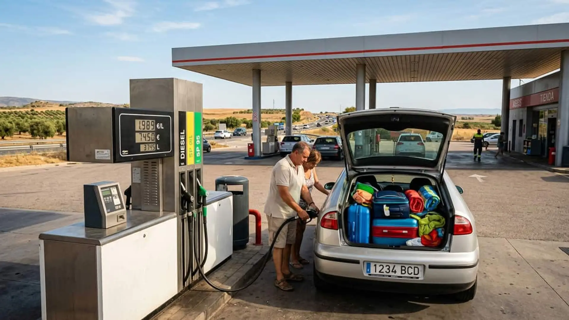 Pareja repostando un coche cargado de maletas en una gasolinera durante un viaje de vacaciones