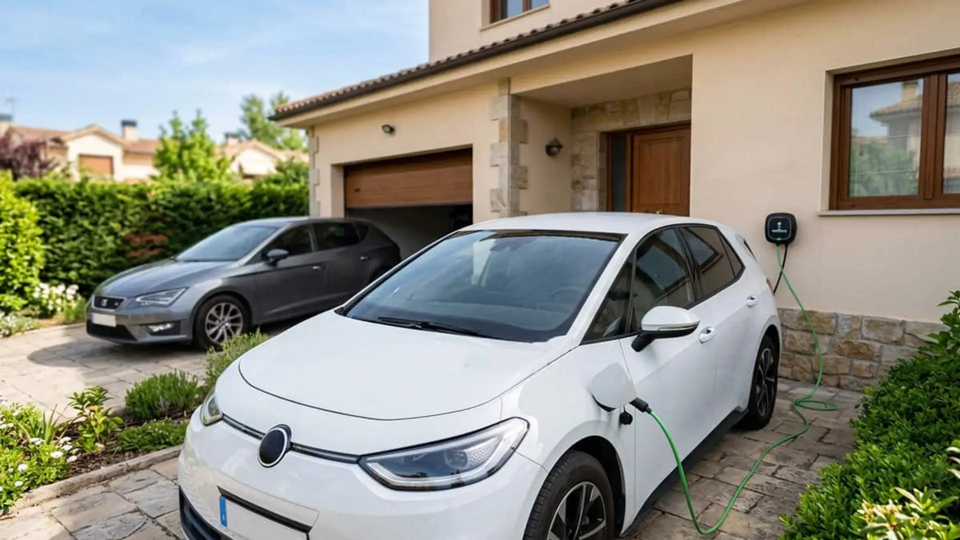 Coche eléctrico blanco conectado a un cargador doméstico en la entrada de una vivienda, con otro vehículo gris junto al garaje.