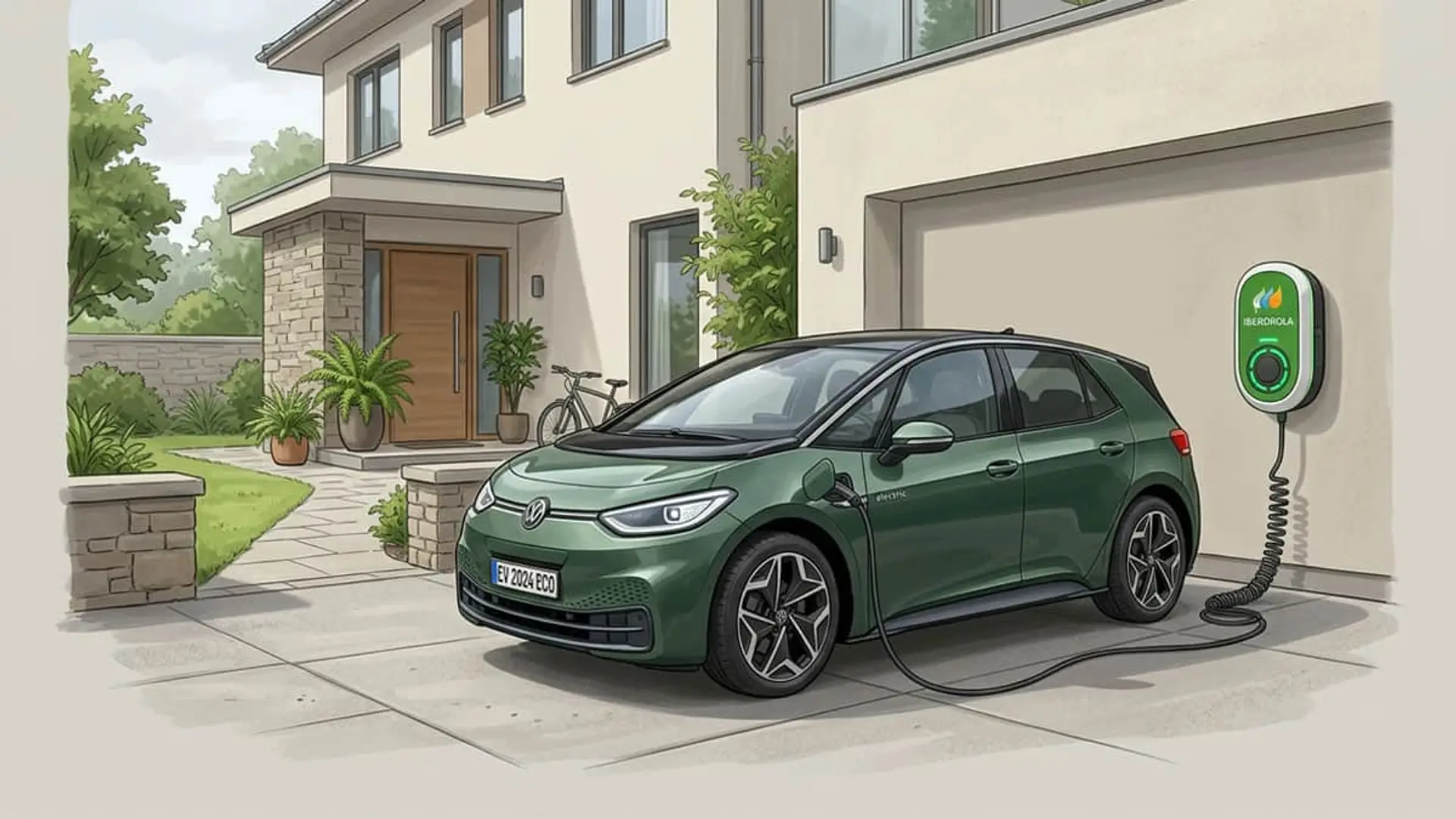 Iberdrola busca clientes de renting de coche eléctrico para su negocio de recarga: así conecta ambos servicios Coche eléctrico verde cargando en un punto Iberdrola frente a una vivienda moderna con garaje.