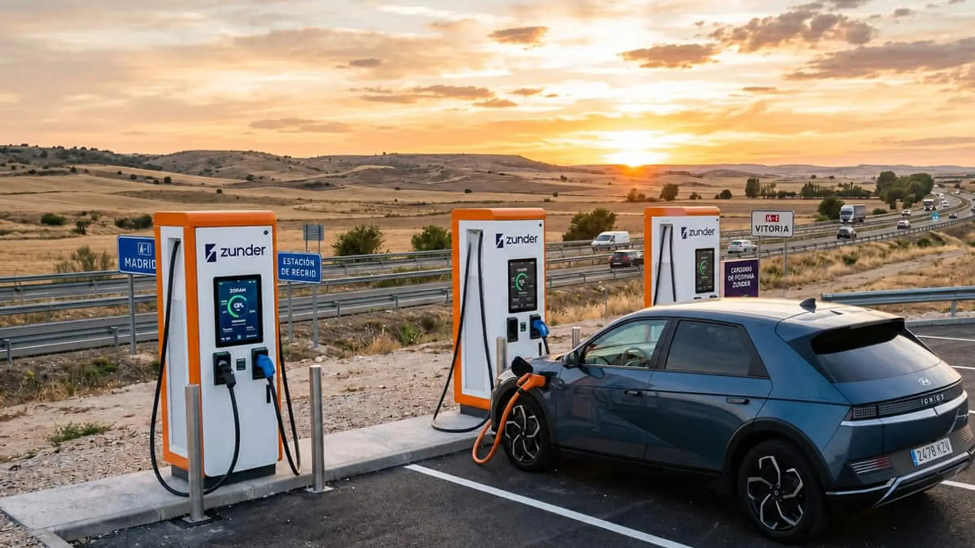 Casi el 60% de los cargadores eléctricos de España se concentra en solo cuatro comunidades Coche eléctrico cargando en varios puntos Zunder junto a una autovía al atardecer