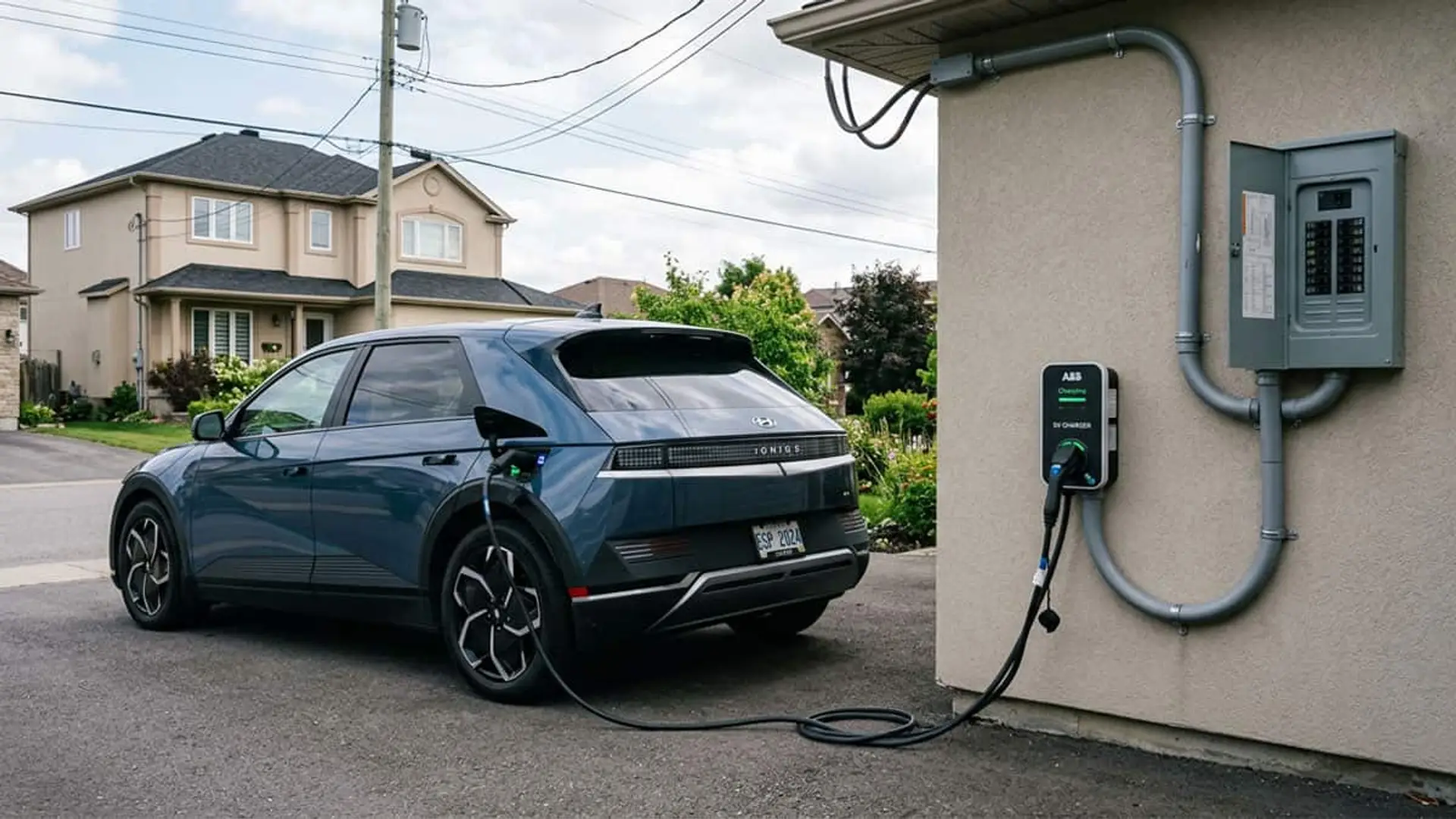 ¿Y si tu coche eléctrico pudiera dar luz a tu casa durante 6 días? Un estudio explica cómo, y de paso, salvar la red Coche eléctrico conectado a un cargador de pared junto a una vivienda