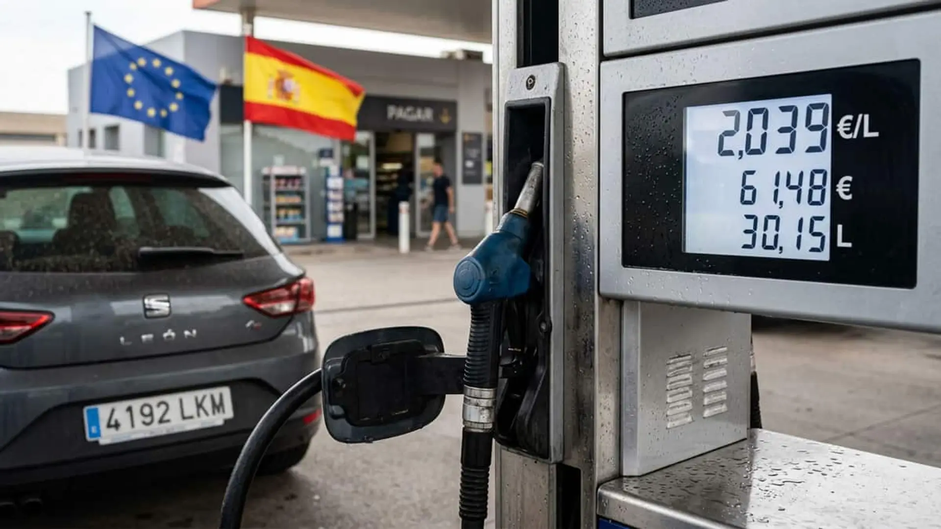 España, entre los tres países de la UE con menor subida en el precio de carburantes: un 7,9% en 2026 Coche junto a un surtidor que muestra el precio y los litros de combustible, con las banderas de España y la Unión Europea