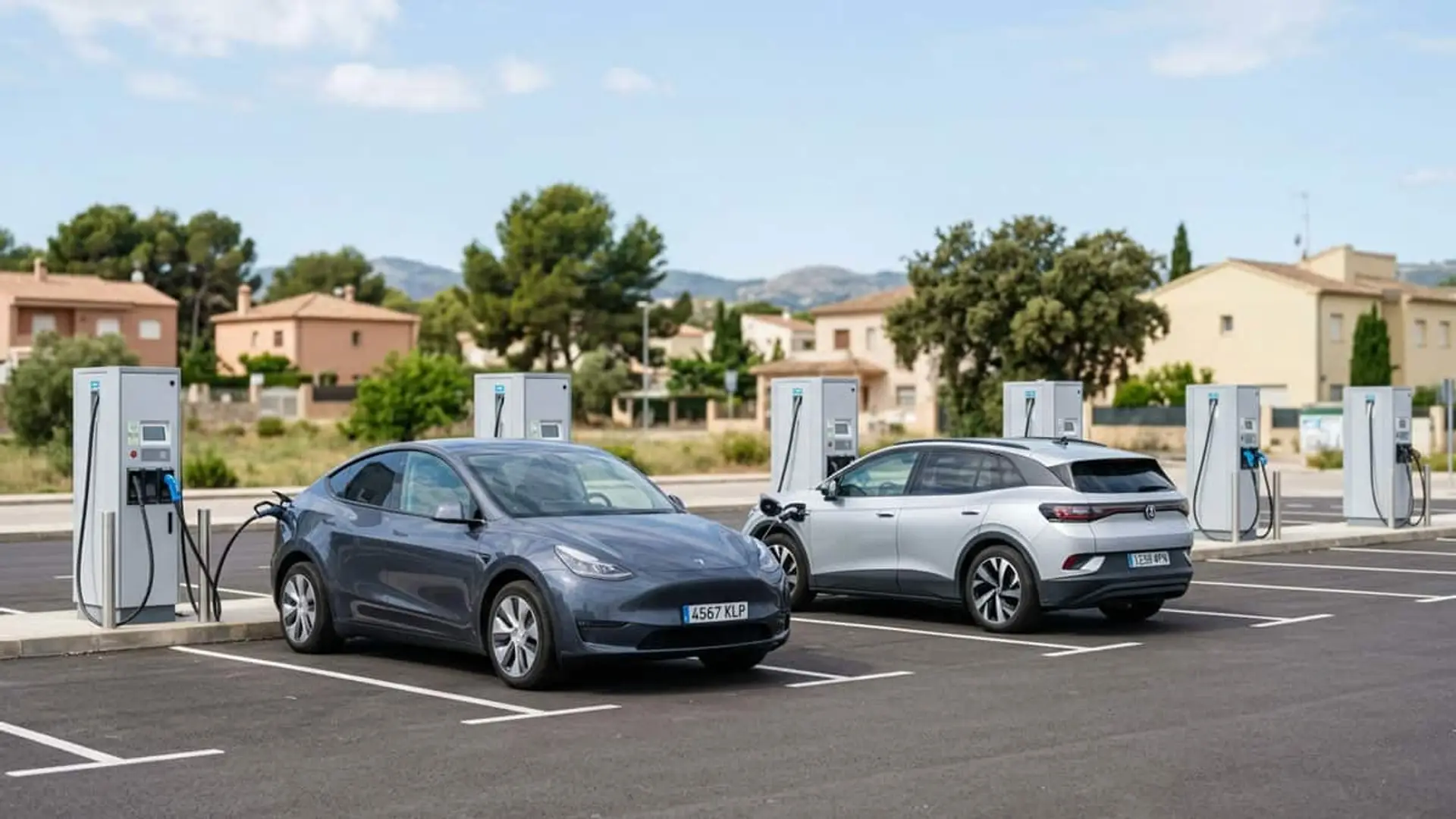 Los puntos de recarga públicos de 150 a 350 kW crecen un 27,60% en España en lo que va de 2026 Dos coches eléctricos conectados a puntos de recarga en un aparcamiento exterior
