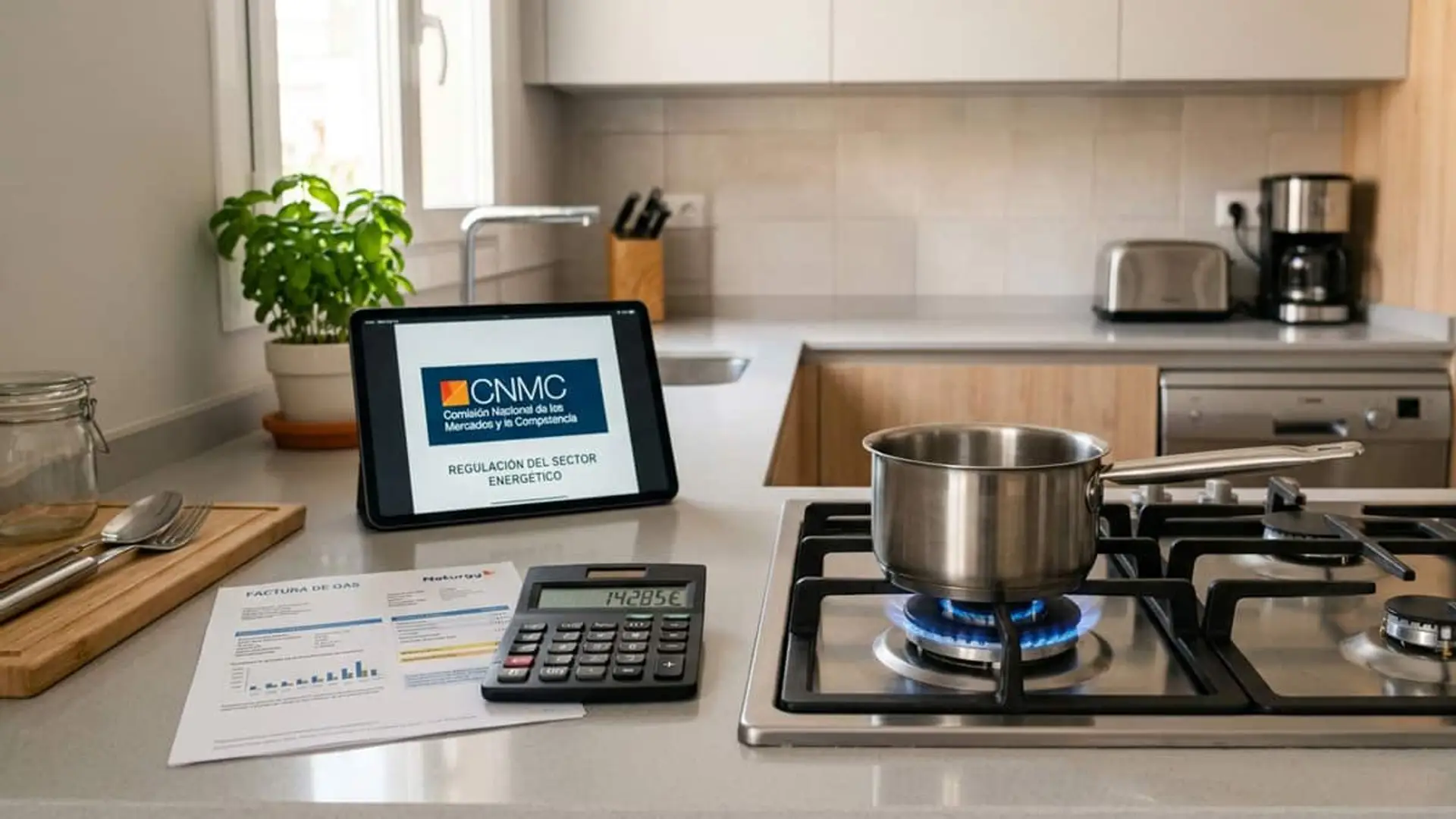 Cocina con fogón de gas encendido, una factura de gas y una pantalla con información de la CNMC sobre regulación energética