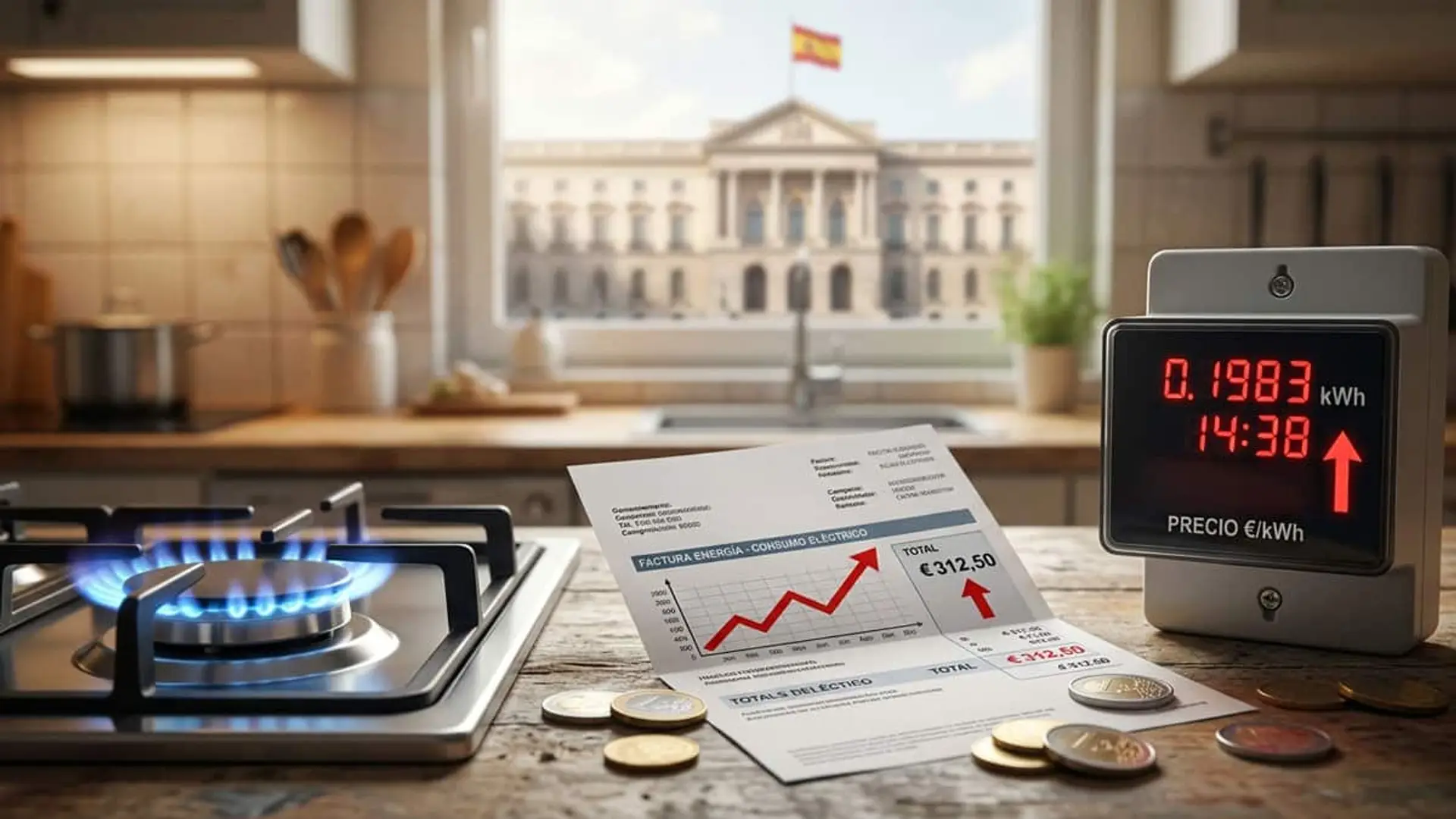Cocina con un fogón de gas encendido junto a una factura de energía, monedas y un medidor que muestra una subida del precio de la electricidad