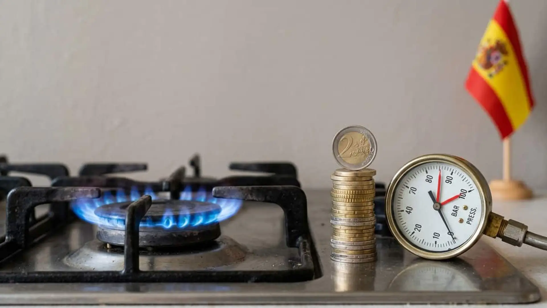 Fogón de gas encendido junto a una pila de monedas de euro, un manómetro de presión y una bandera de España.