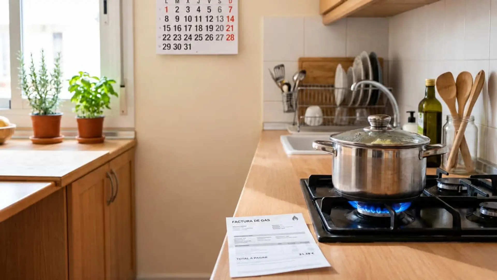 Cocina con una olla sobre un fogón de gas encendido y una factura de gas sobre la encimera
