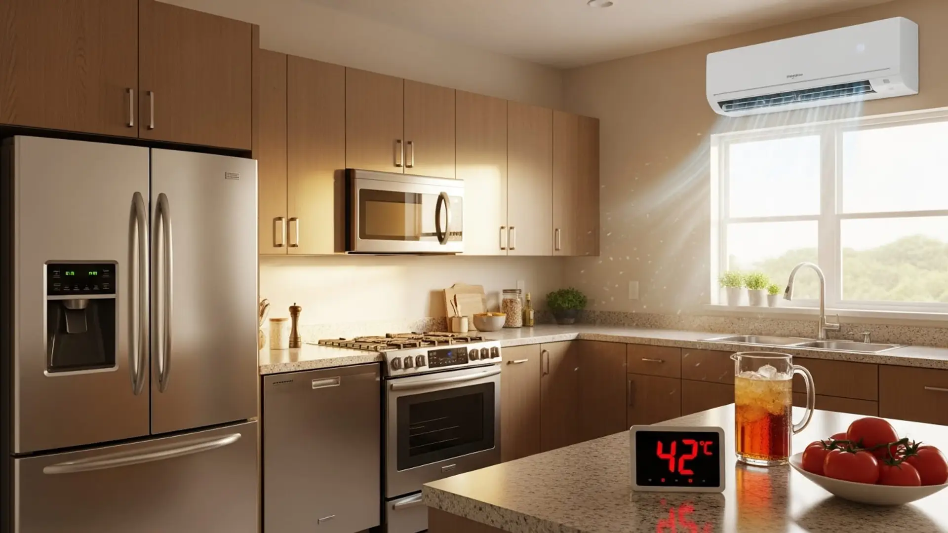 Cocina moderna con aire acondicionado encendido y termómetro marcando 42 grados durante ola de calor