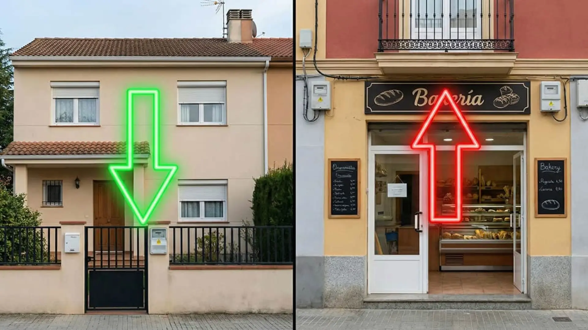 ¿Bajará tu factura de la luz en 2026? La CNMC confirma quiénes pagarán menos (y quiénes más) Comparativa de precios de luz: flecha verde baja en el hogar y flecha roja sube en el comercio.