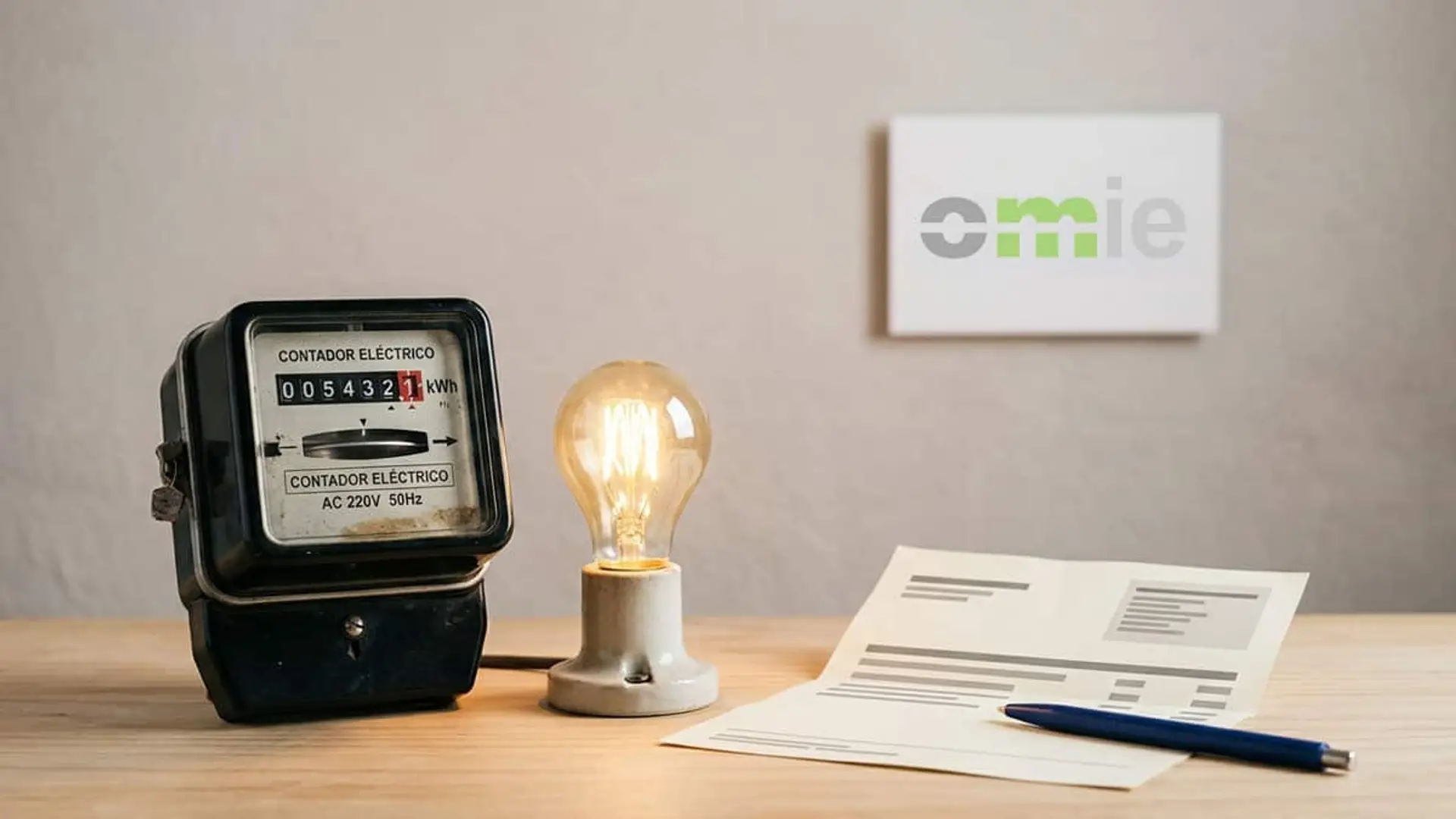 Contador eléctrico junto a una bombilla encendida, una factura de luz y el logotipo de OMIE al fondo.