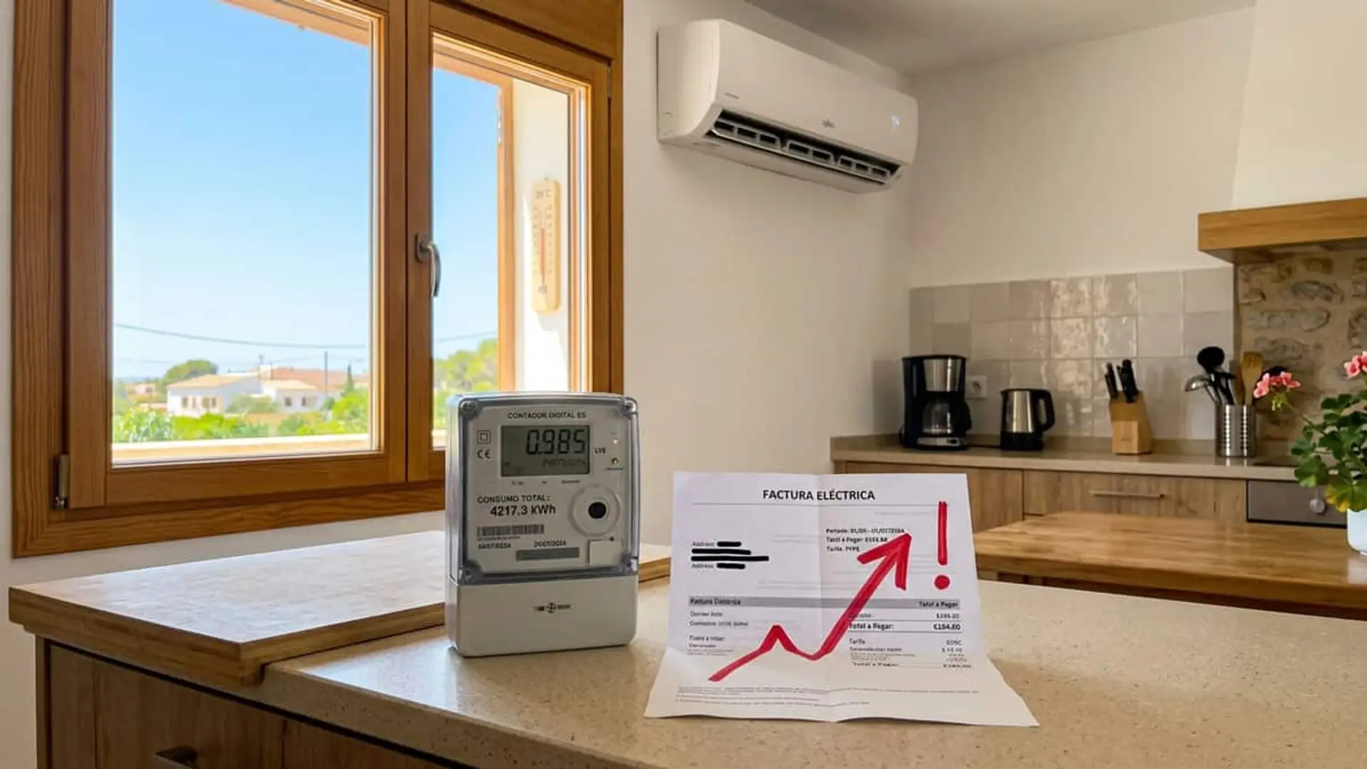 Contador eléctrico junto a una factura de luz con una flecha ascendente, en una cocina con aire acondicionado