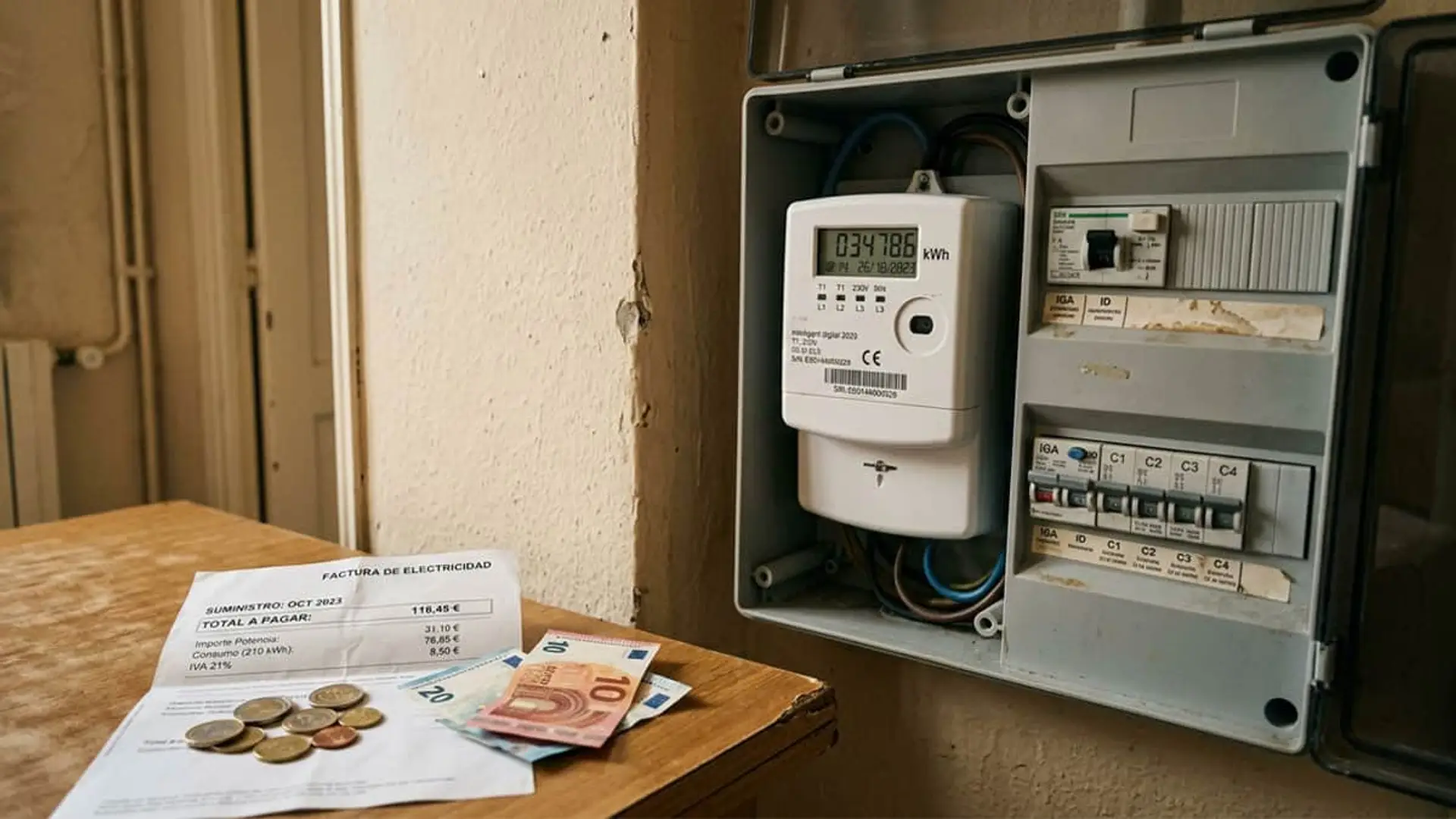 Contador eléctrico junto a una factura de la luz, billetes y monedas