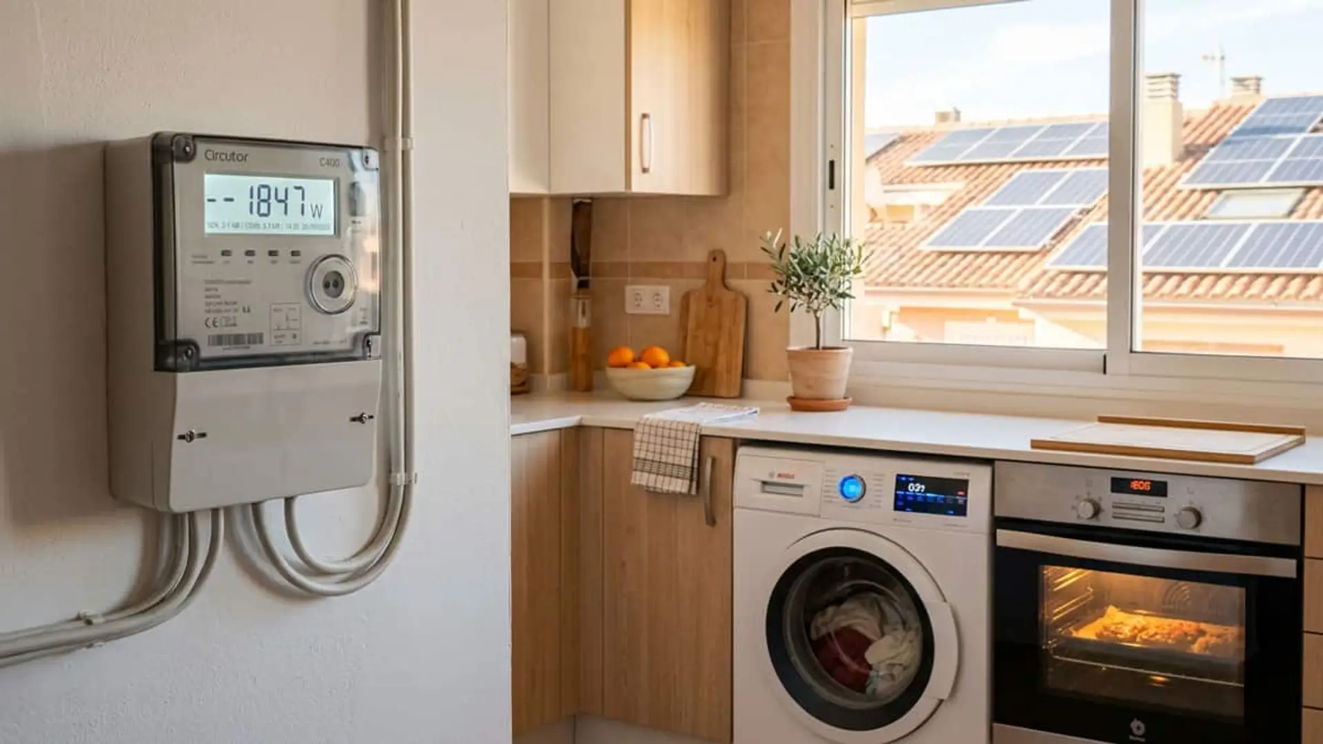 Contador eléctrico junto a una cocina con electrodomésticos y paneles solares instalados en los tejados