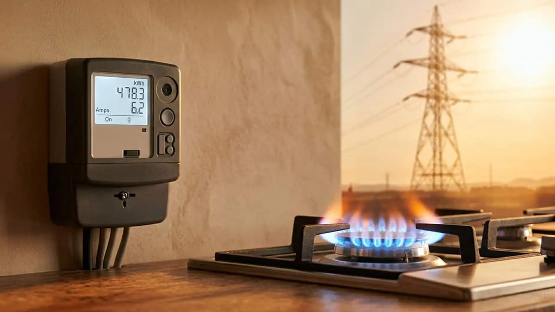 El precio de la luz toca su segundo techo del año en junio: calor, poco viento y gas caro lo disparan a 69,59 euros/MWh Contador eléctrico en una pared junto a un fogón de gas encendido, con una torre de alta tensión desenfocada al fondo