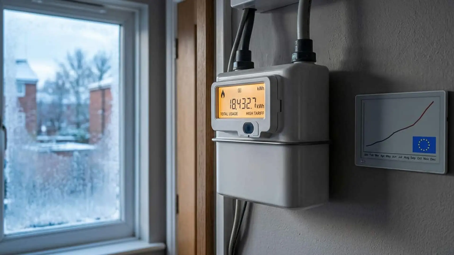 Contador de gas doméstico junto a un gráfico ascendente y una ventana con un paisaje invernal