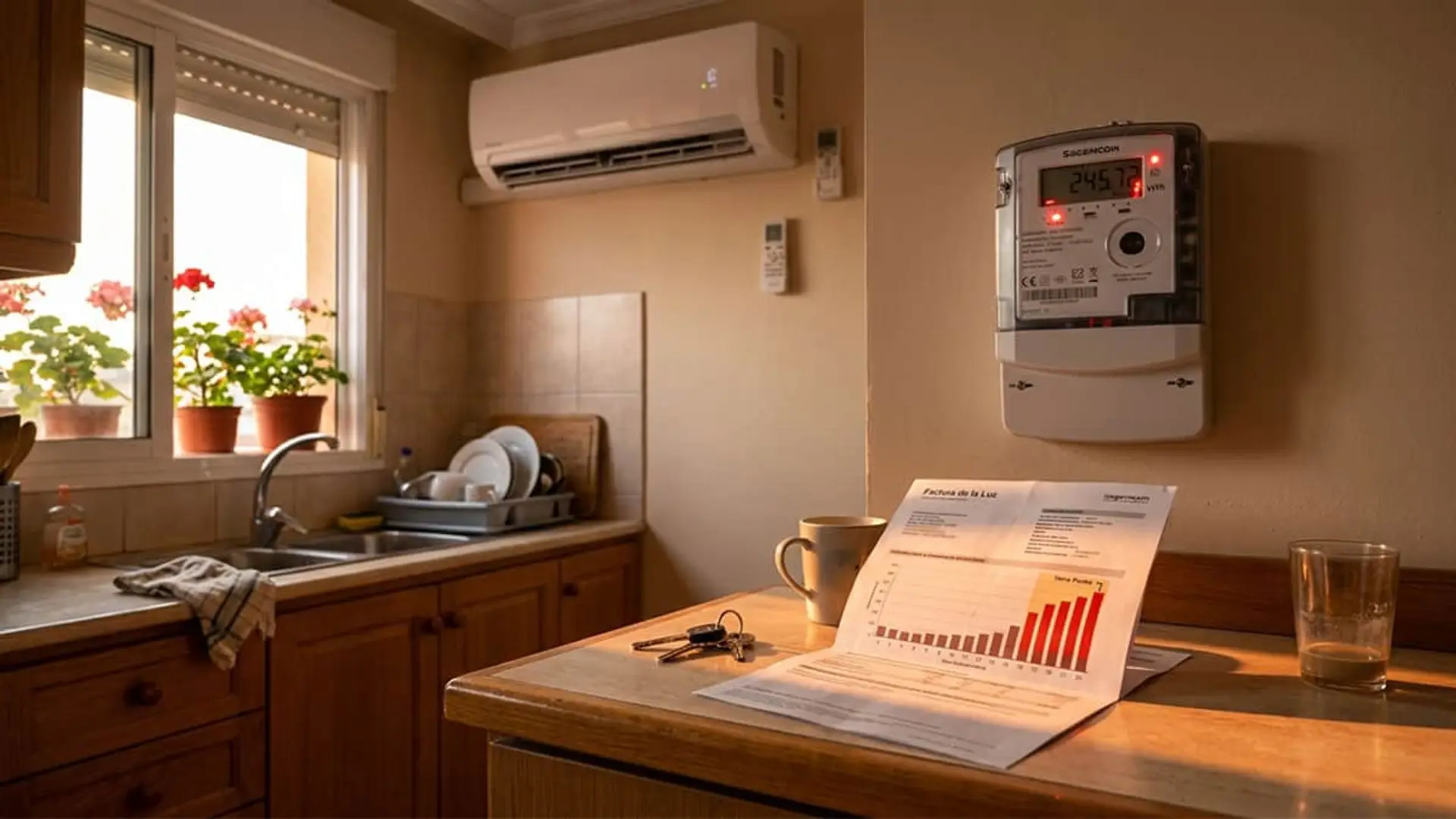 El precio de la luz se dispara en agosto: pool a 120 euros, PVPC a 300 y la industria, parada dos veces Contador eléctrico, factura de la luz y aire acondicionado en una cocina