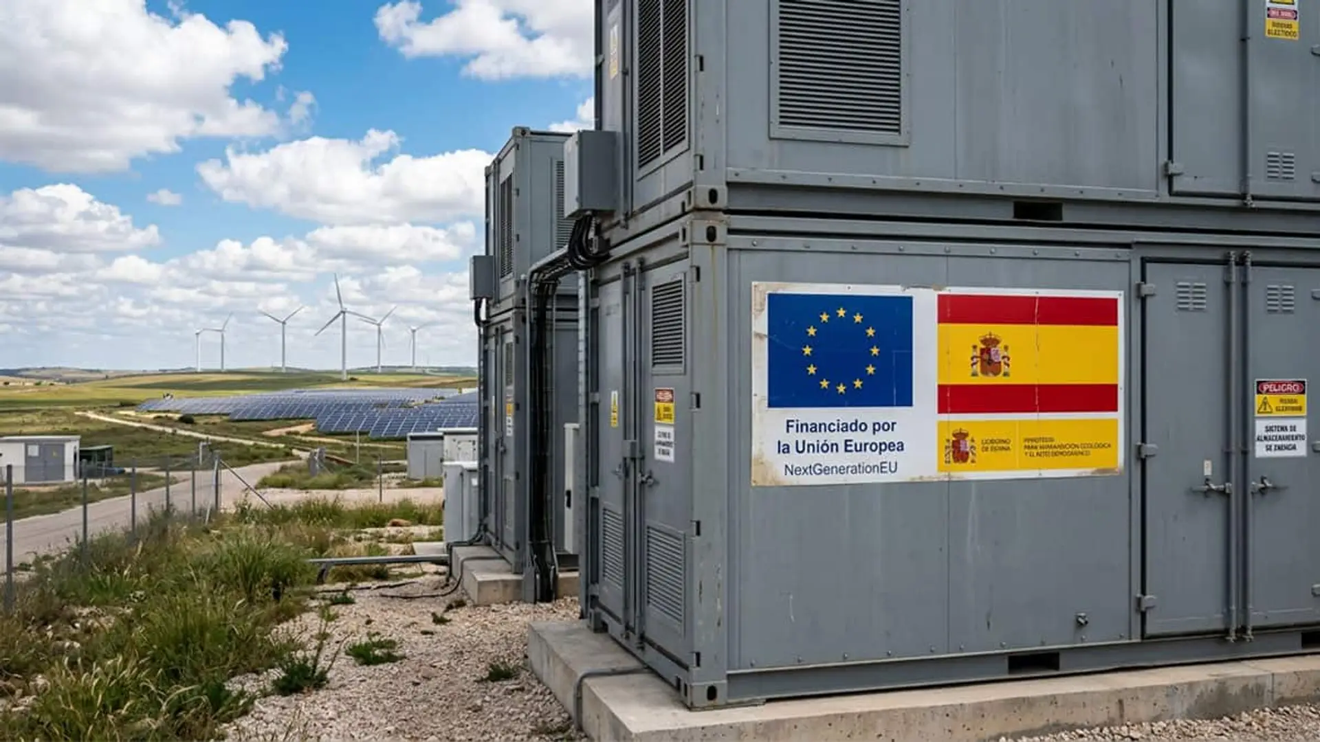 Contenedores de almacenamiento energético con carteles de financiación de la Unión Europea y España, con paneles solares y aerogeneradores al fondo