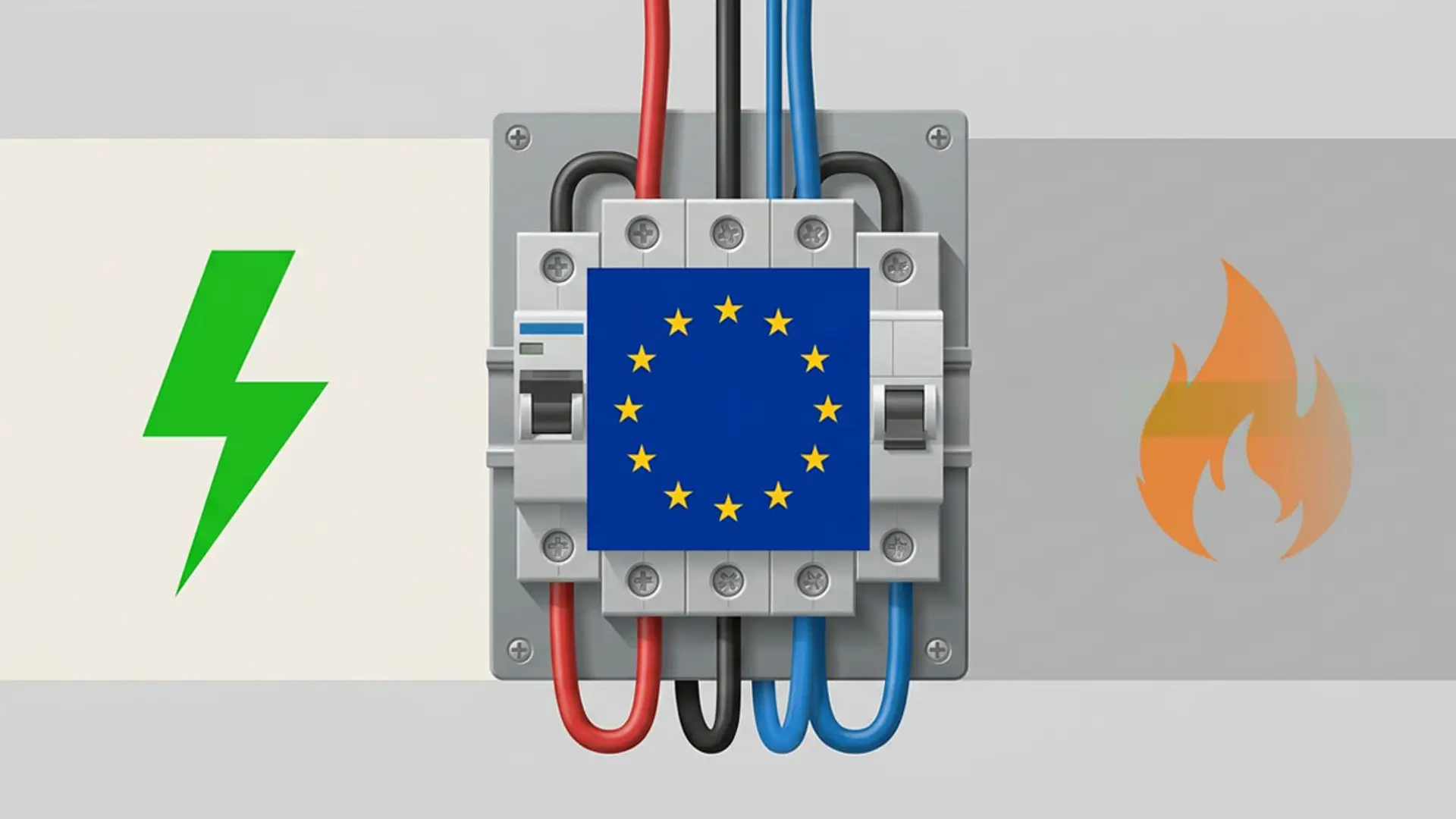 Cuadro eléctrico con cables y la bandera de la Unión Europea, flanqueado por un símbolo de electricidad y una llama de gas