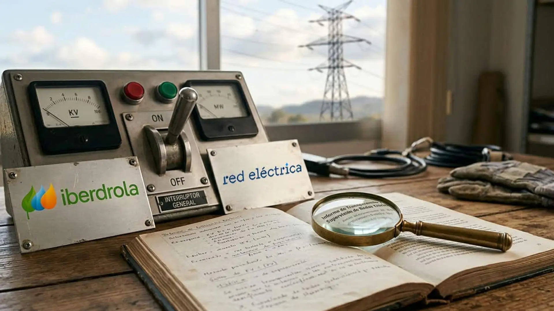 Iberdrola pide saber cuánto, por qué y cuándo programa REE en la operación reforzada tras el apagón Cuadro de control eléctrico con interruptor y medidores analógicos, placas con los logotipos de Iberdrola y Red Eléctrica, y una lupa sobre un libro abierto, con una torre de alta tensión al fondo.