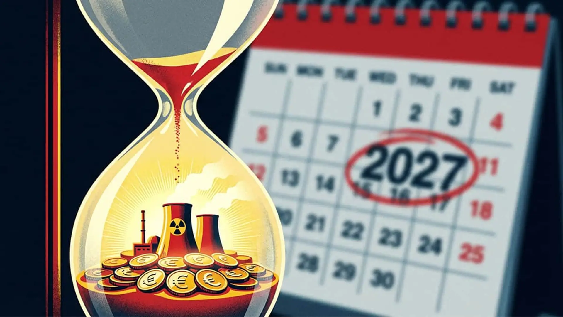 Mantener las centrales nucleares más allá de 2035 ahorraría 1.400 millones a la industria española Reloj de arena con central nuclear y euros frente a un calendario de 2027.