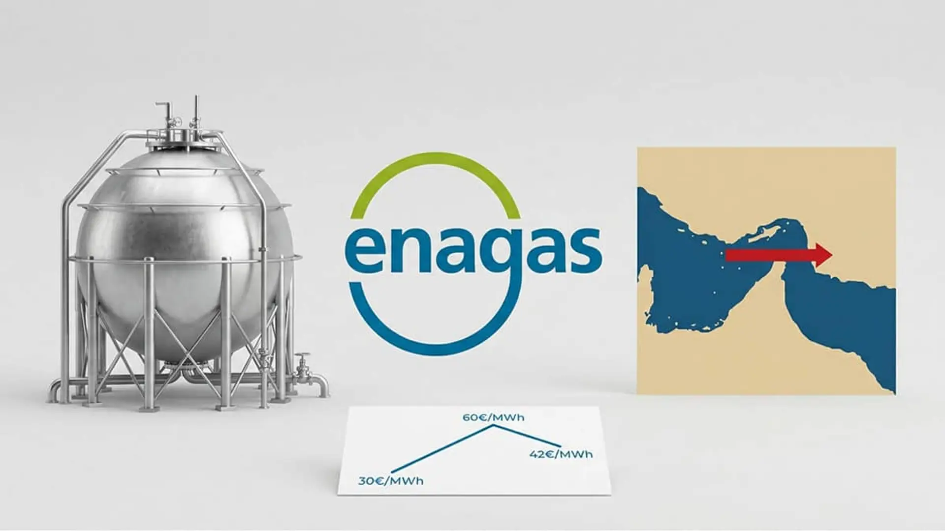 Por qué el gas tardará años en recuperar el precio de antes de la guerra, según Enagás: la clave está en los daños de Catar Depósito de gas junto al logotipo de Enagás, un gráfico de precios y un mapa del golfo con una flecha
