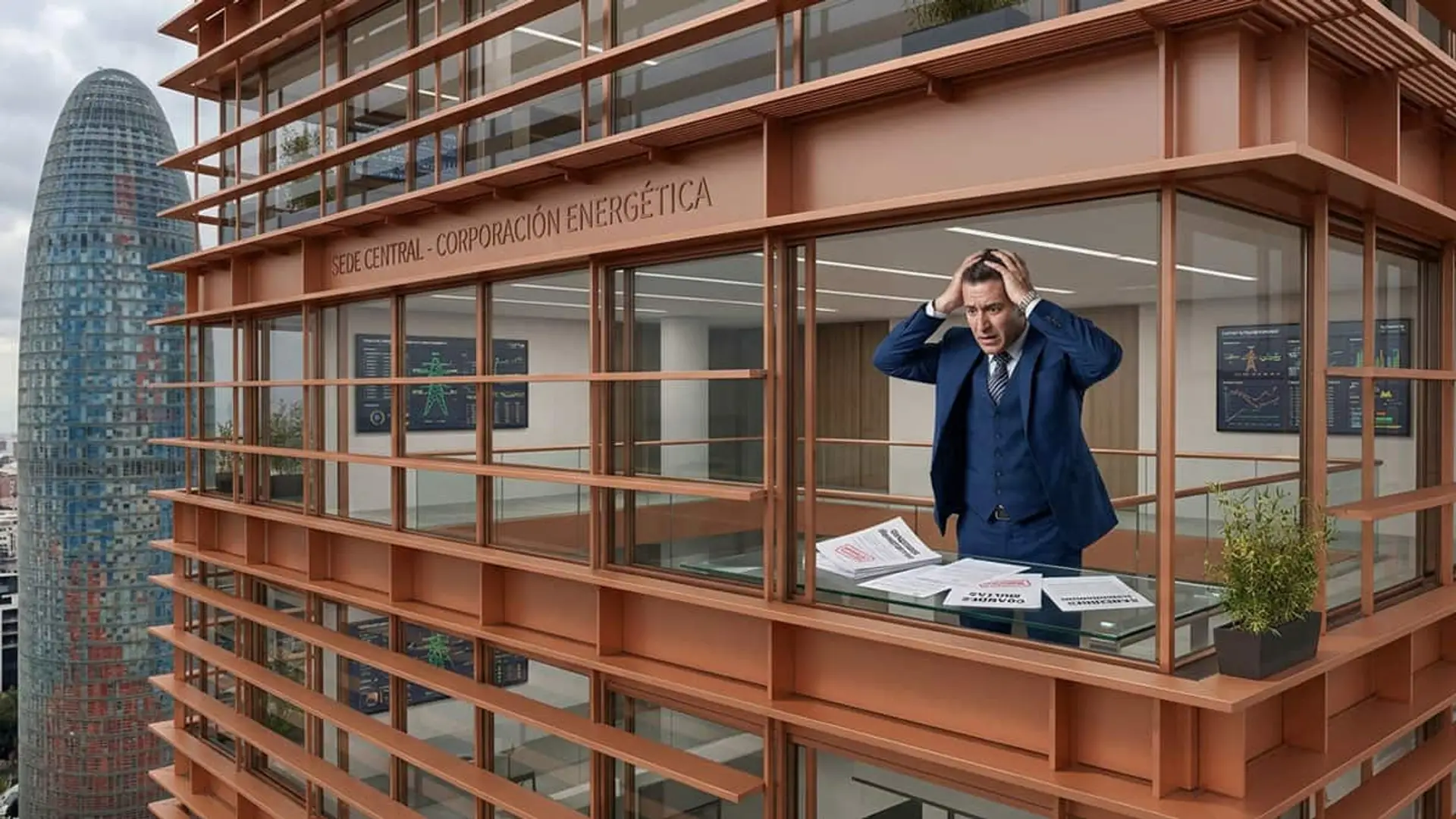 Directivo preocupado en una oficina acristalada de una corporación energética