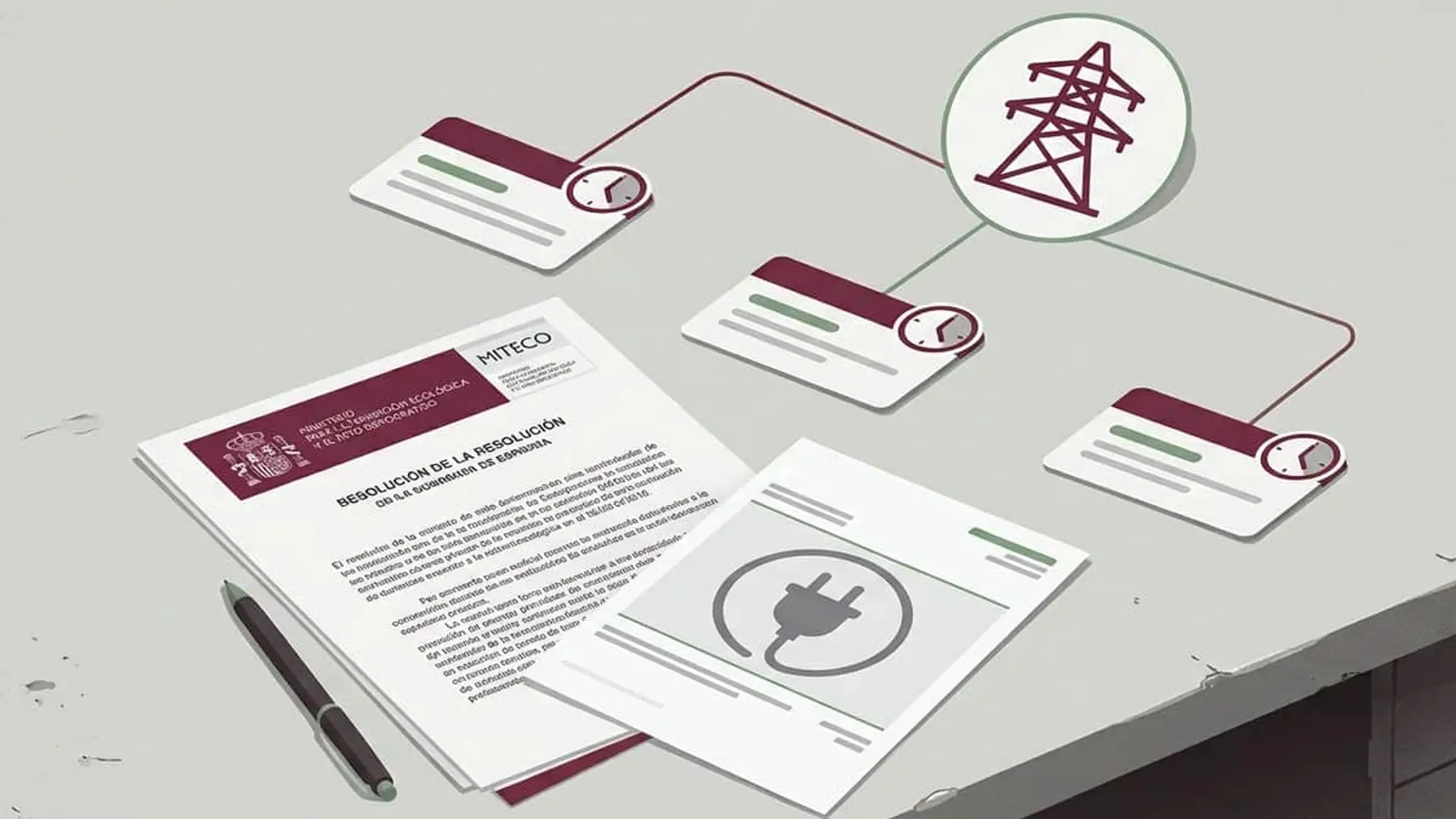 Una comercializadora para las horas valle y otra para las punta: la propuesta del Gobierno Representación de un documento del Gobierno de España junto a varias facturas eléctricas conectadas a un símbolo de torre de alta tensión