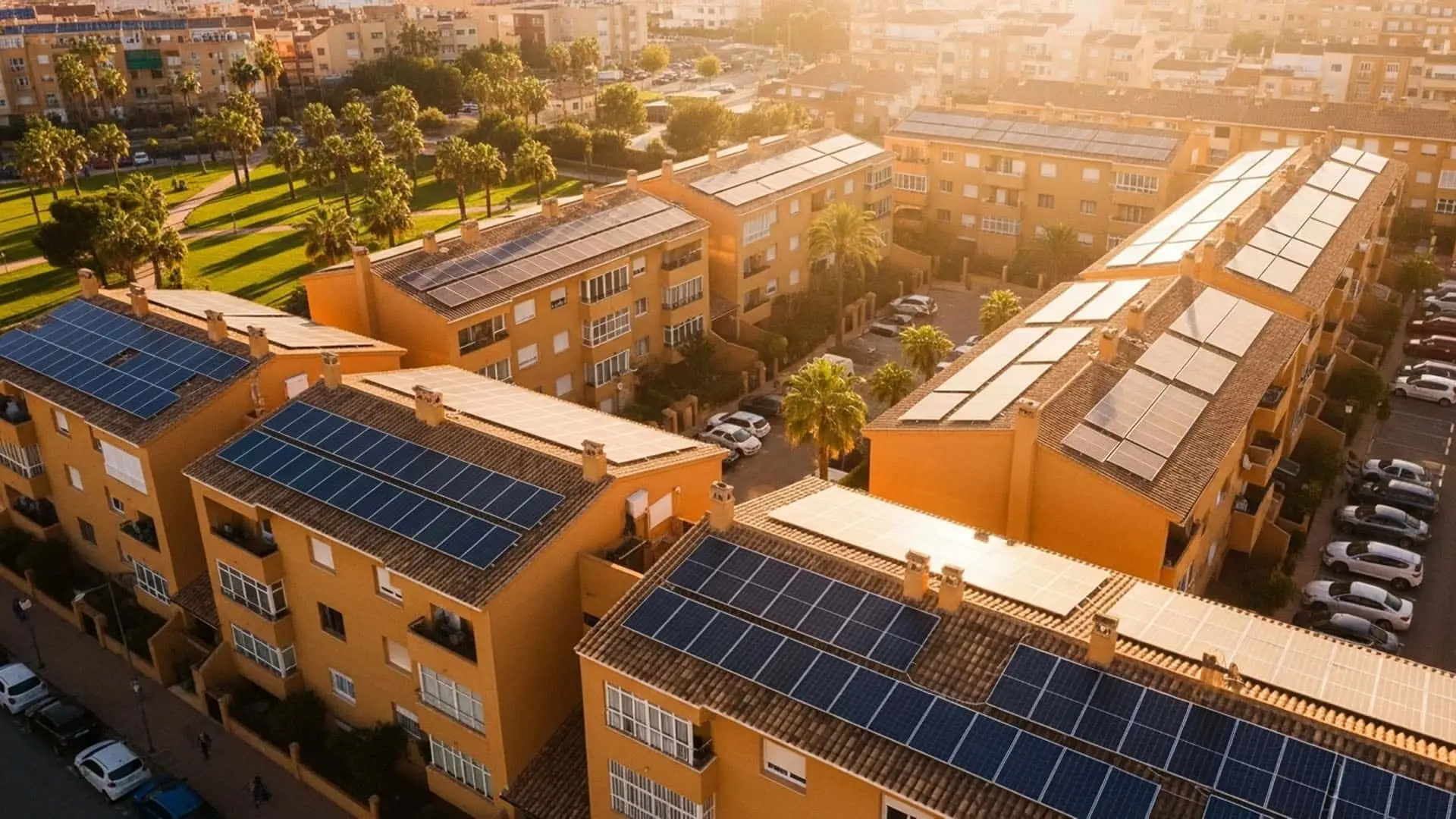 Bloques de viviendas con instalaciones de paneles solares en los tejados al atardecer.