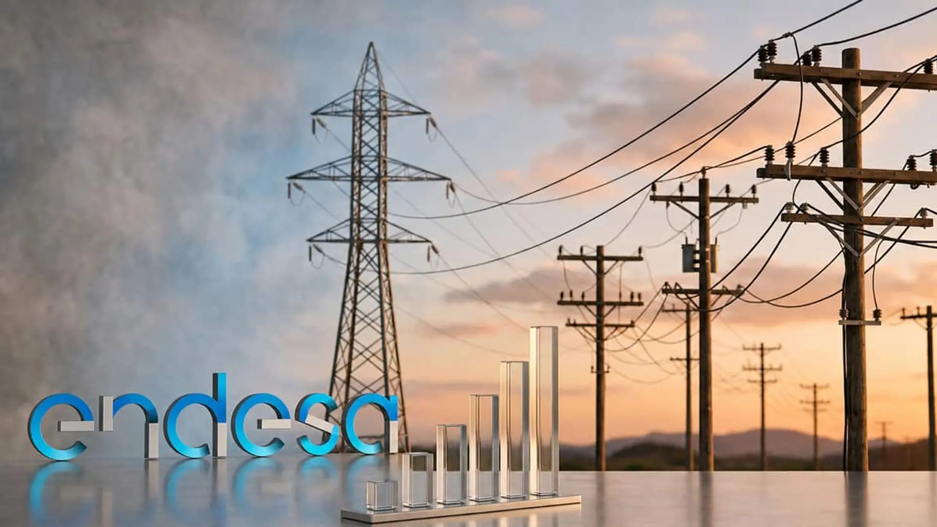 Logotipo de Endesa junto a un gráfico de barras ascendente y varias líneas de transporte y distribución eléctrica