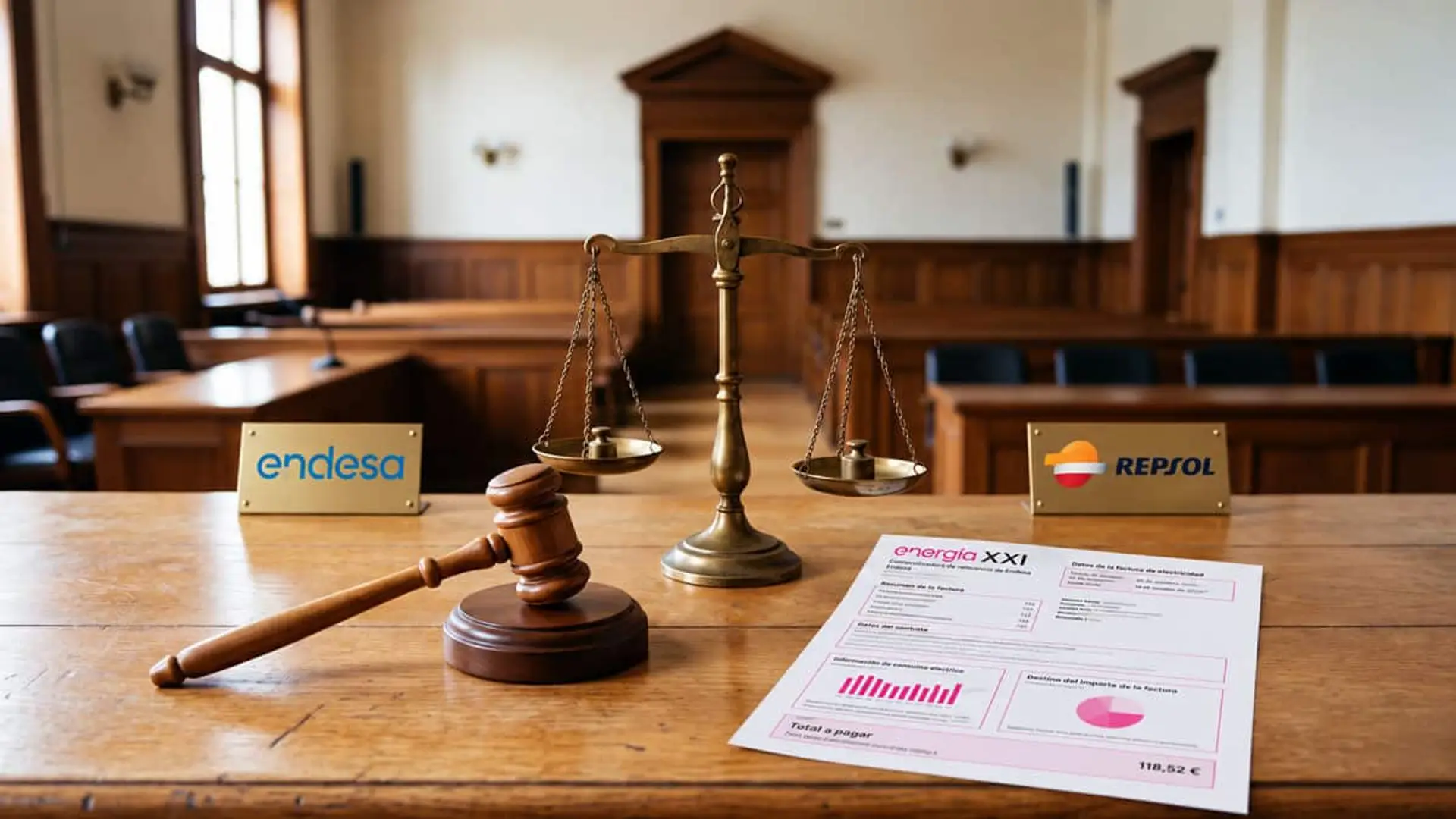 El Supremo rechaza los recursos de Endesa y Repsol contra la reforma del PVPC: sus argumentos clave Balanza de justicia y mazo de juez junto a los logotipos de Endesa y Repsol y una factura de electricidad en un tribunal.