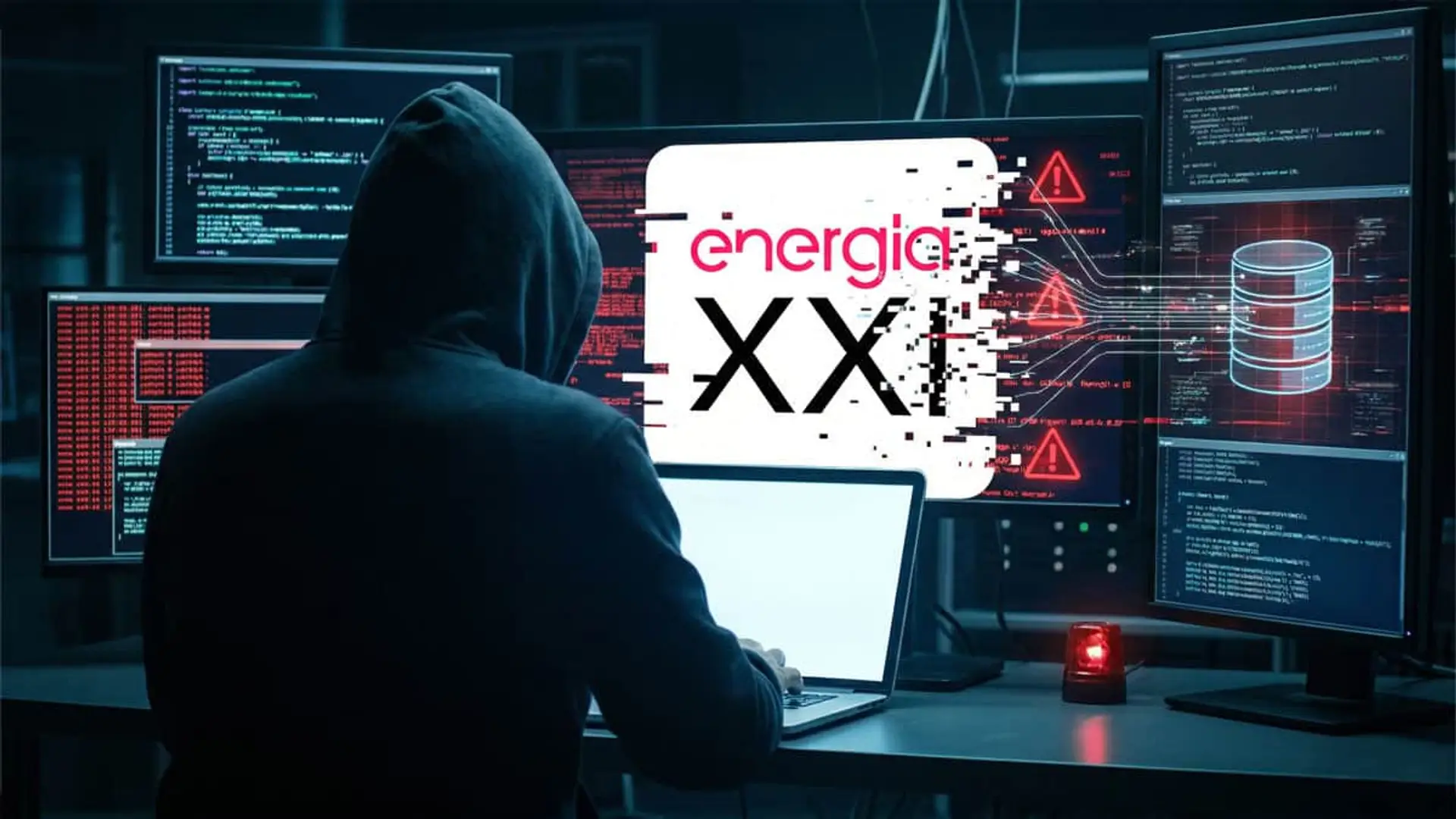Hacker encapuchado frente a pantallas con código y logotipo de Energía XXI pixelado simbolizando ciberataque.