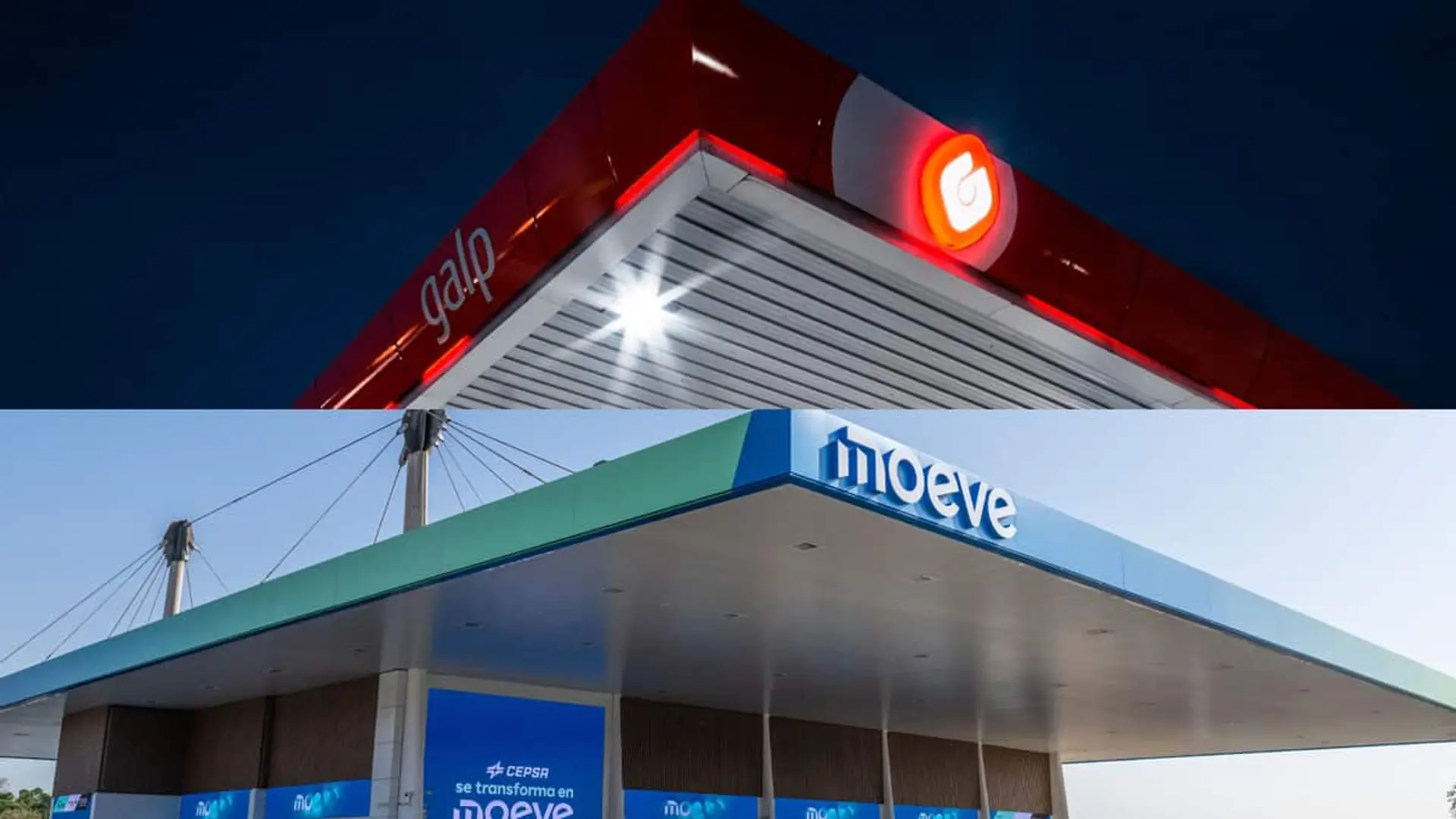 Imagen a pantalla dividida con una estación de servicio de Galp en la parte superior y otra gasolinera de Moeve en la inferior.