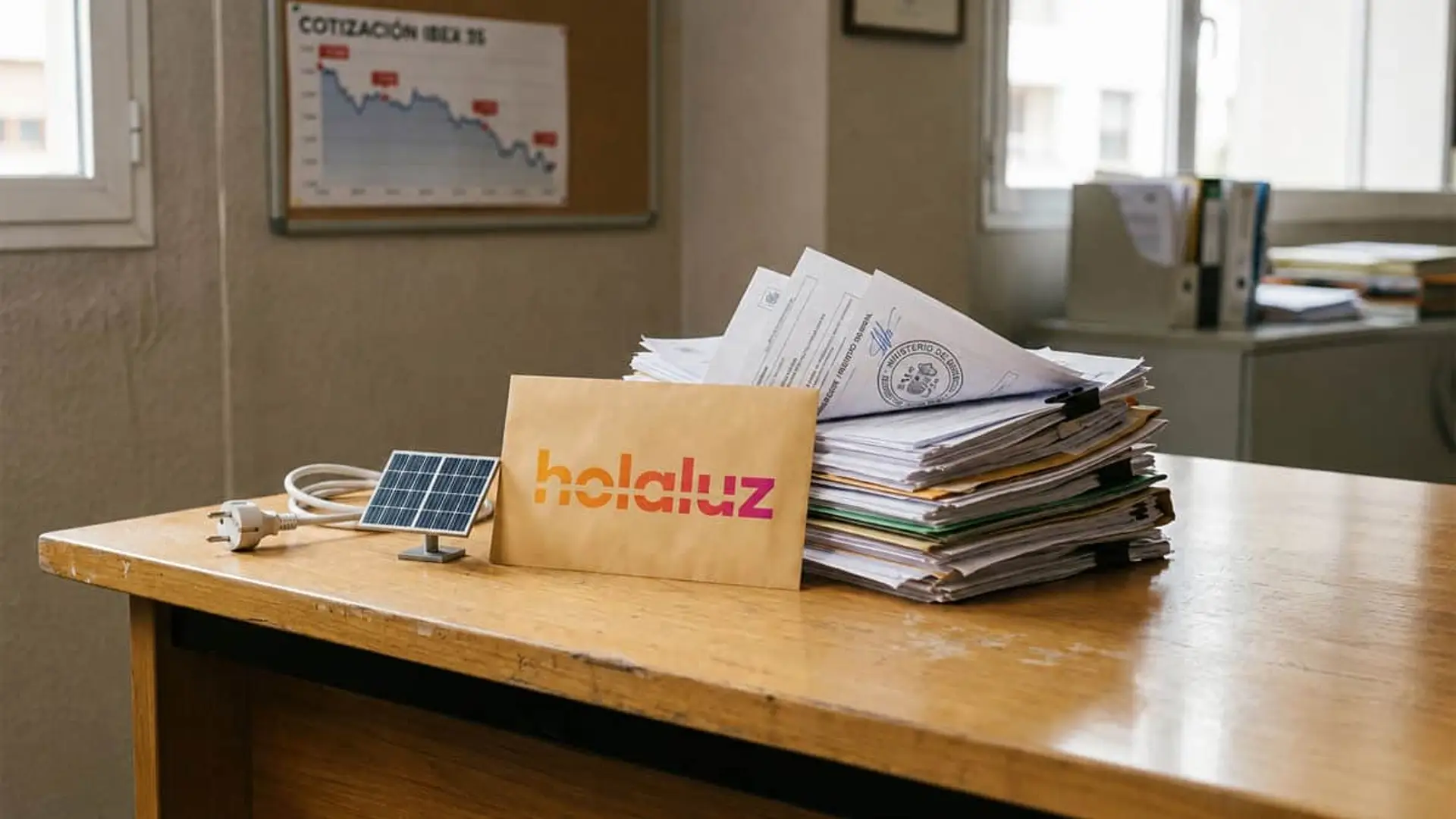 Holaluz asegura que no ha notado fuga de clientes pese al expediente de inhabilitación Mesa de oficina con expedientes de Holaluz, panel solar, enchufe y gráfico de cotización.