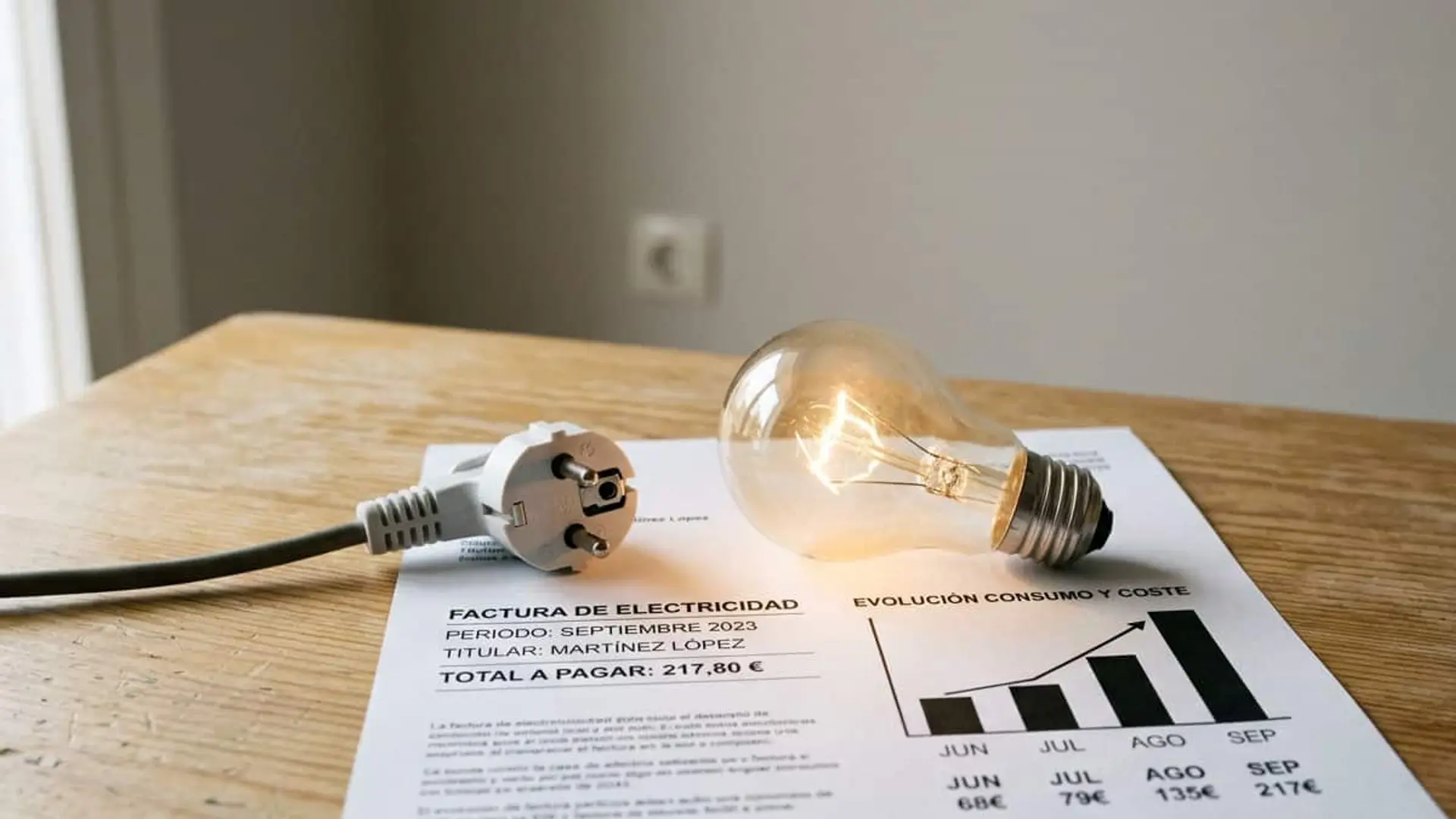 El precio de la luz mayorista marca su máximo anual hoy: 215,11€/MWh de media por la dana y el gas caro Factura de electricidad con gráfico de subida del consumo y coste, junto a una bombilla encendida y un enchufe sobre una mesa.