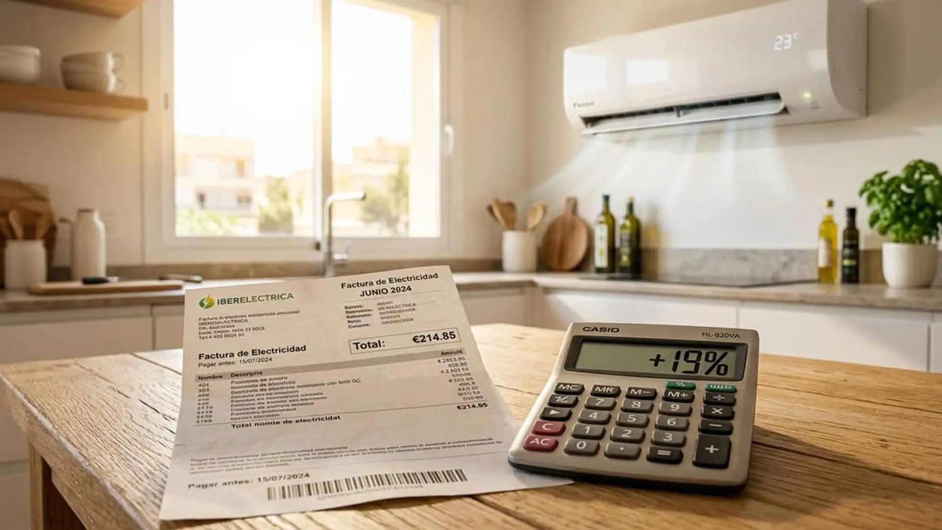 Factura de electricidad y calculadora con un aumento del 19% junto a un aire acondicionado en una cocina
