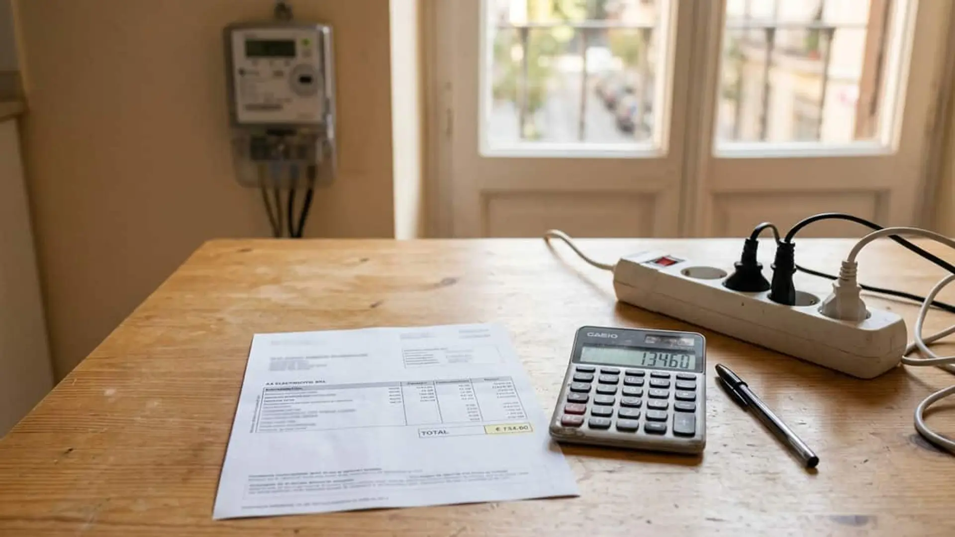 Factura de electricidad junto a una calculadora y una regleta con varios enchufes