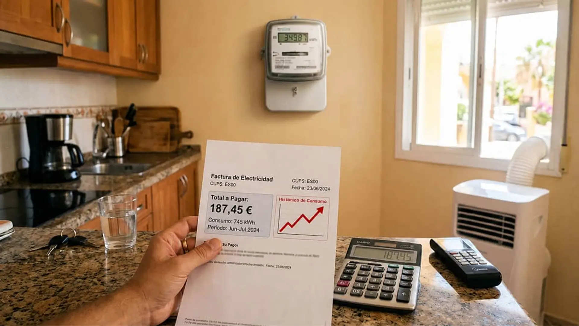 Factura de electricidad con consumo elevado, contador eléctrico y aire acondicionado portátil en una vivienda
