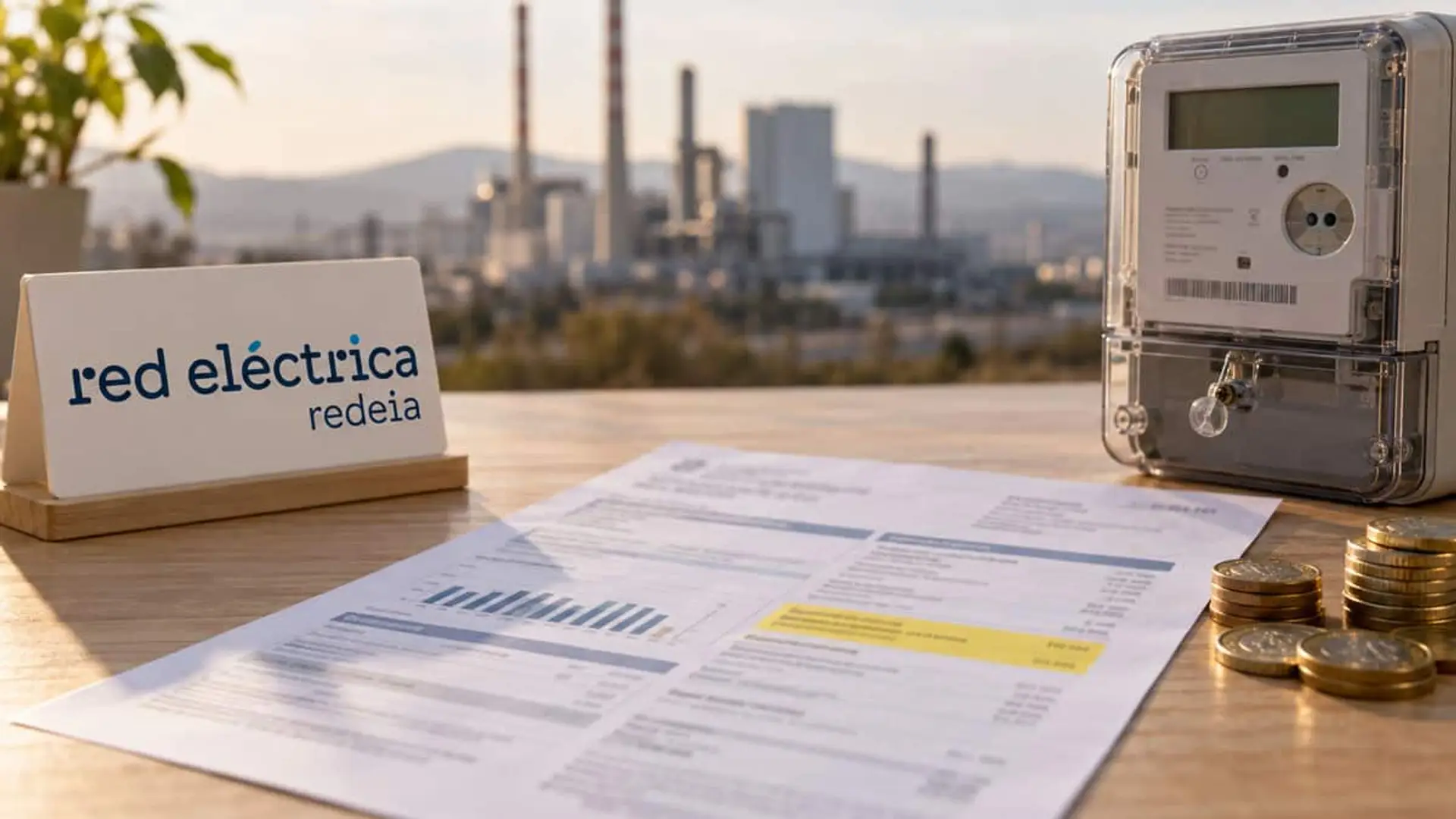 Factura de electricidad sobre una mesa de madera junto a un contador digital, varias monedas y un cartel con el logotipo de Red Eléctrica, con una instalación industrial al fondo.