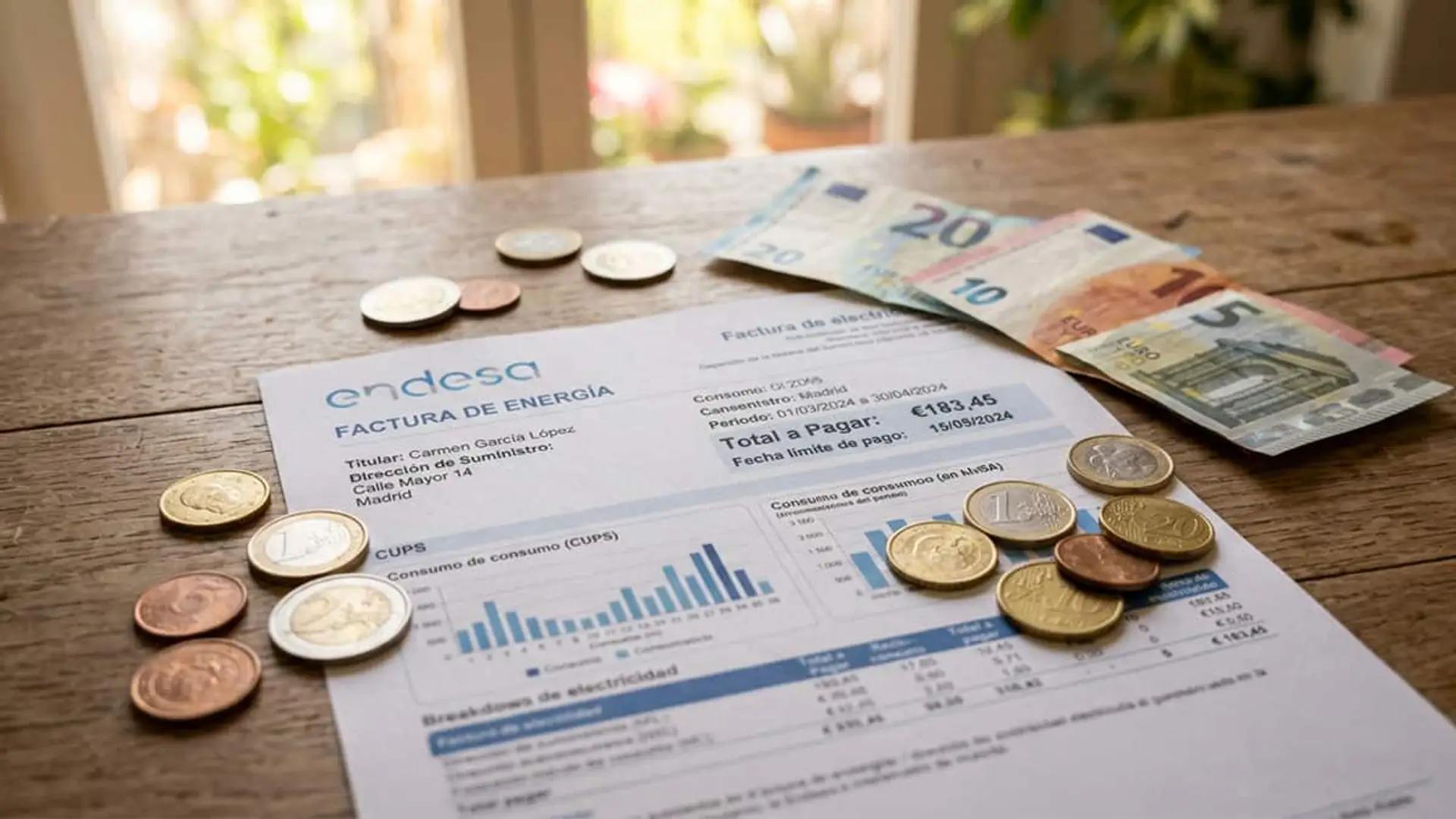 Factura de electricidad de Endesa sobre una mesa con monedas y billetes de euro, representando el coste de la luz en el hogar.