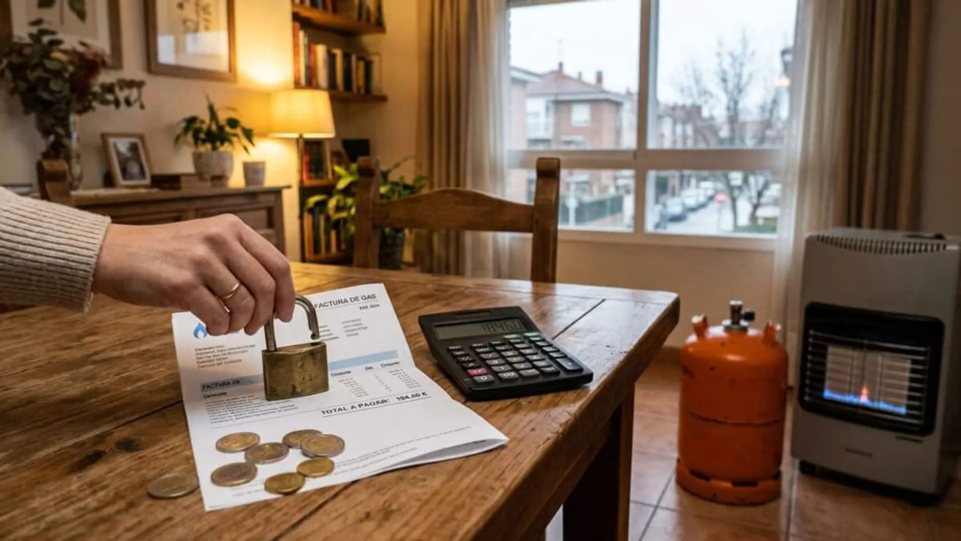 Factura de gas con un candado, monedas y una calculadora junto a una bombona de butano y una estufa de gas