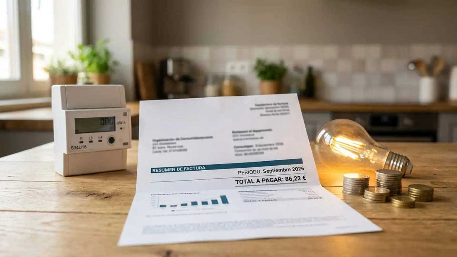 La factura de la luz sube un 8,1% en septiembre y es la más alta desde septiembre de 2022 Factura de la luz sobre una mesa junto a un contador eléctrico, una bombilla encendida y varias monedas