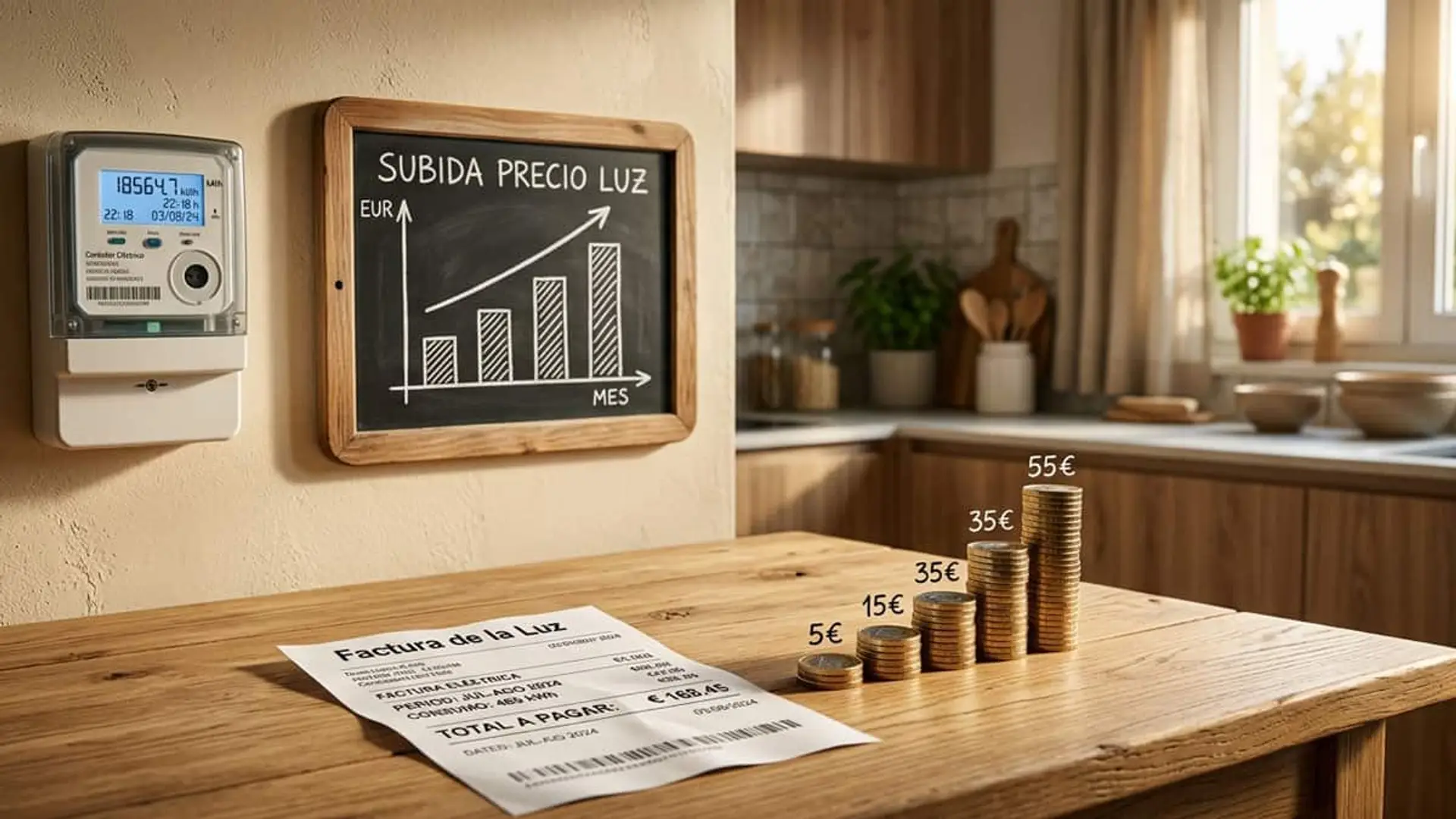 El precio de la luz se dispara en agosto y deja la factura en 101€: la más cara en cuatro años Factura de la luz junto a un contador eléctrico, pilas de monedas y una pizarra con un gráfico de subida del precio de la electricidad
