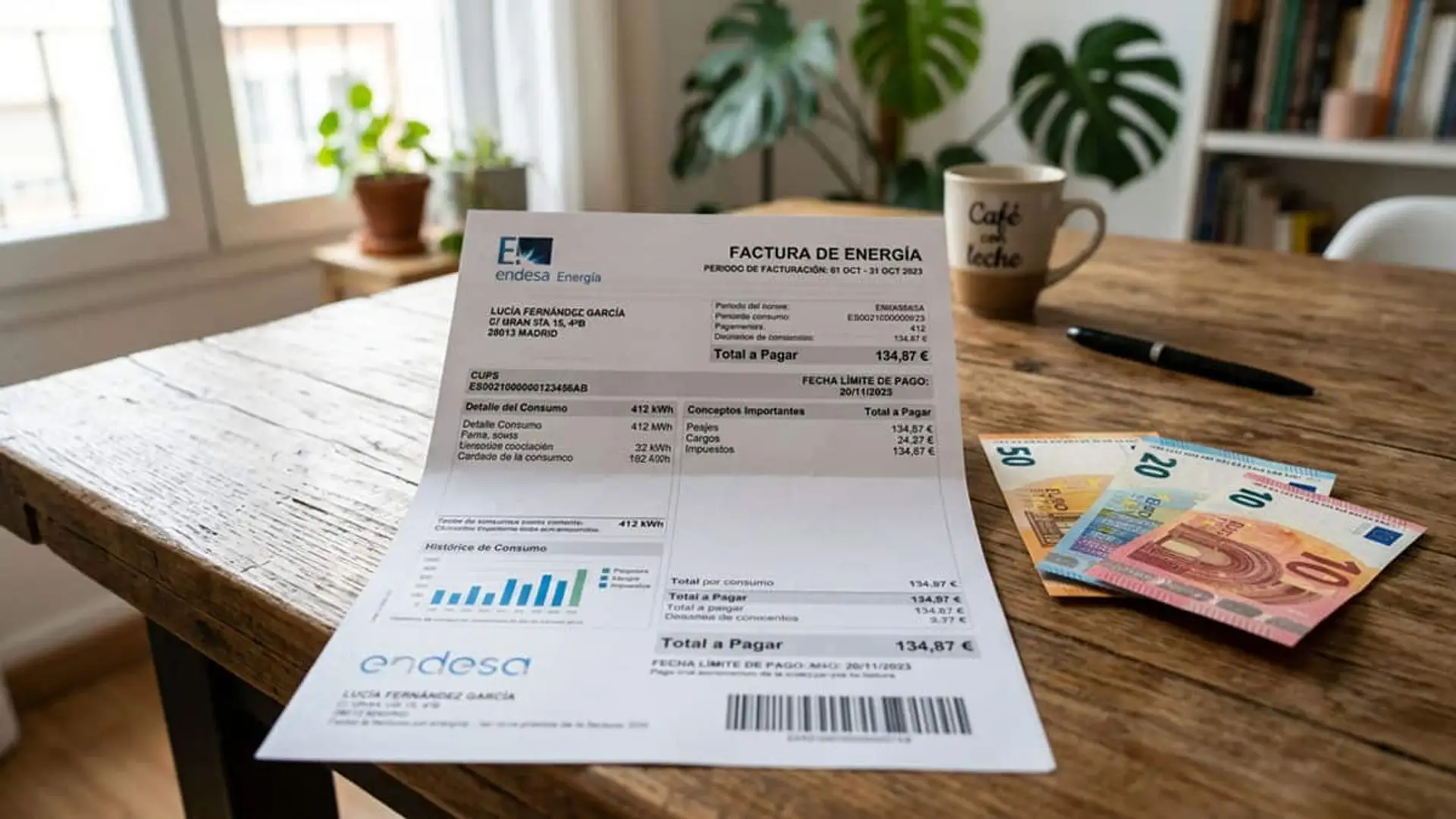 Factura de electricidad de Endesa sobre una mesa junto a billetes de euros y una taza de café.