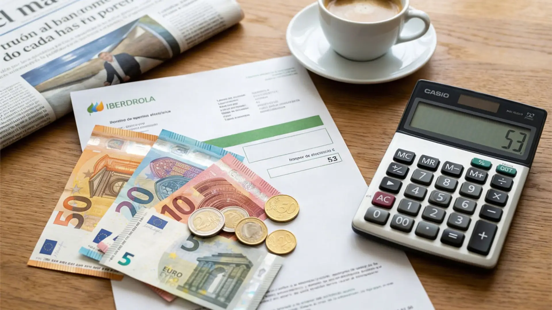 Factura de la luz de Iberdrola sobre una mesa con billetes y monedas en euros, una calculadora y una taza de café.