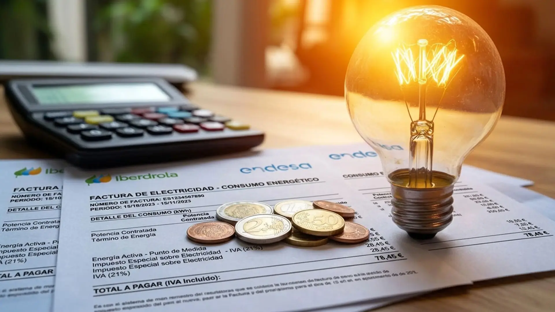 Facturas de Iberdrola y Endesa con una bombilla encendida, monedas y una calculadora sobre una mesa