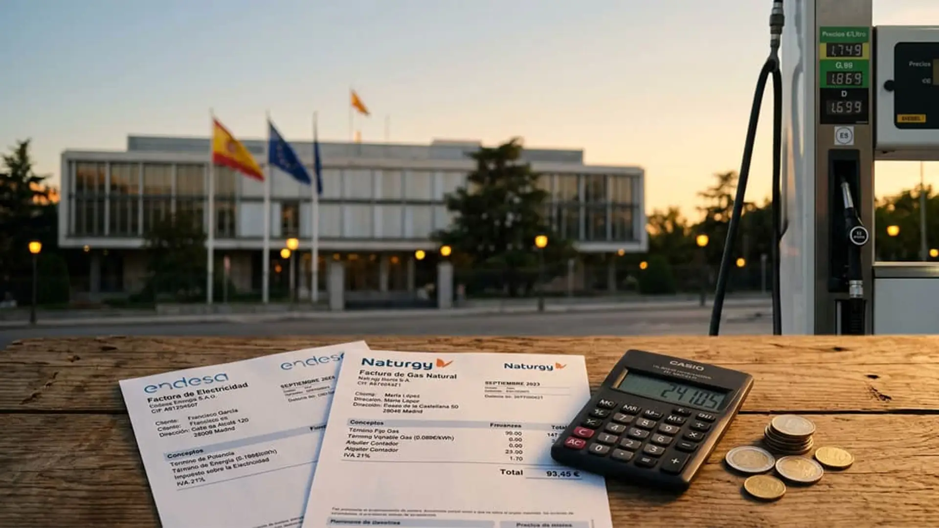 Facturas de Endesa y Naturgy junto a una calculadora, monedas y un surtidor de combustible.