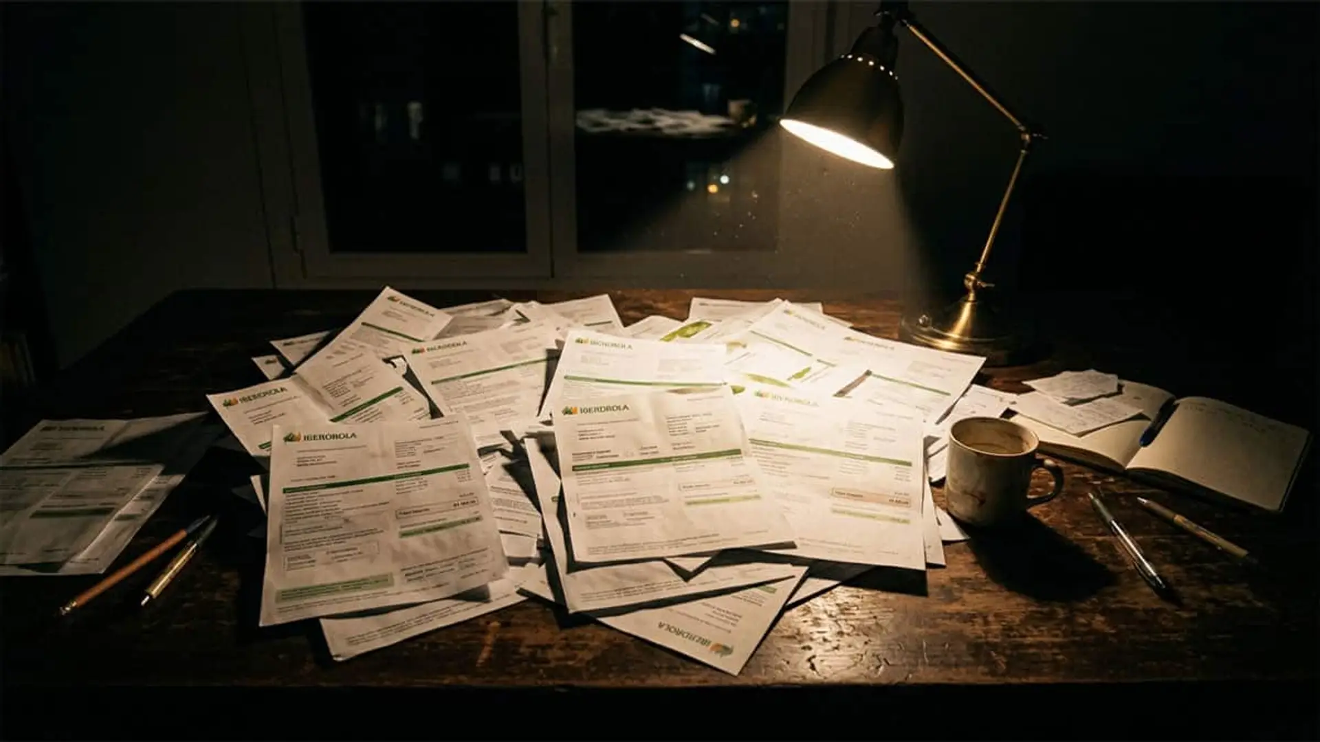 Varias facturas de Iberdrola acumuladas sobre una mesa bajo una lámpara, representando el gasto en electricidad del hogar.