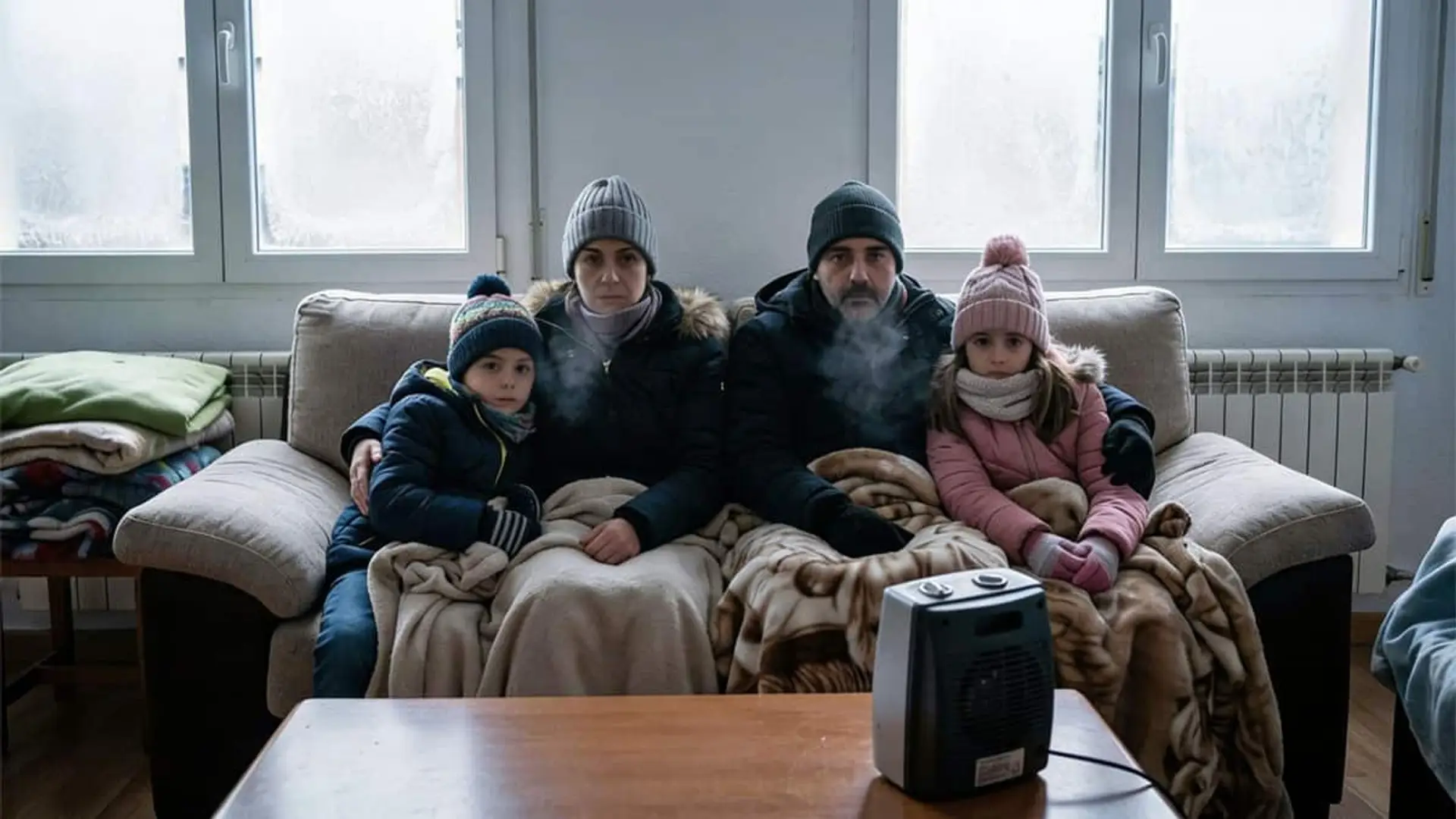 Familia abrigada en el sofá frente a un pequeño calefactor eléctrico en una vivienda fría.